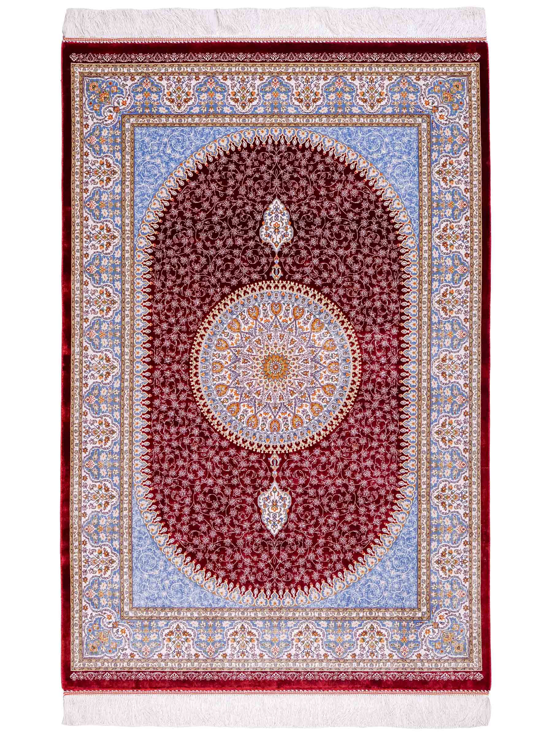 Ghom Maschinenteppich "Arshir" 150 x 100 cm aus pflanzlicher Seide (Viskose) mit Medaillon, Rot. Teppichnummer: V6RD150H. Persian Luxury Collection by Khademi. Made in Iran / Persia – Vertrieb durch JUPITER Intl.
