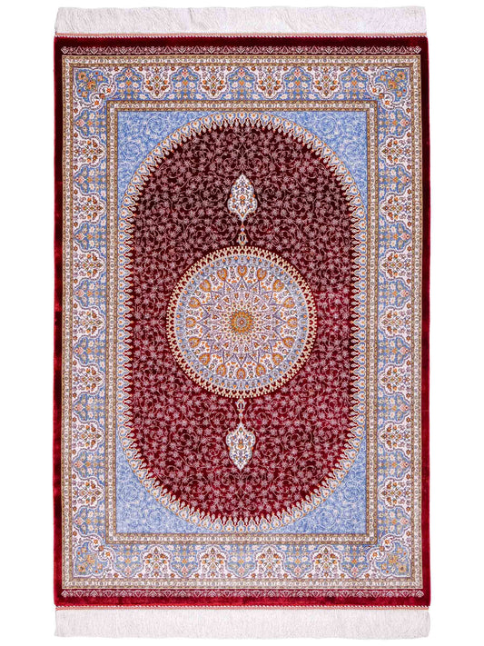 Ghom Maschinenteppich "Arshir" 150 x 100 cm aus pflanzlicher Seide (Viskose) mit Medaillon, Rot. Teppichnummer: V6RD150H. Persian Luxury Collection by Khademi. Made in Iran / Persia – Vertrieb durch JUPITER Intl.
