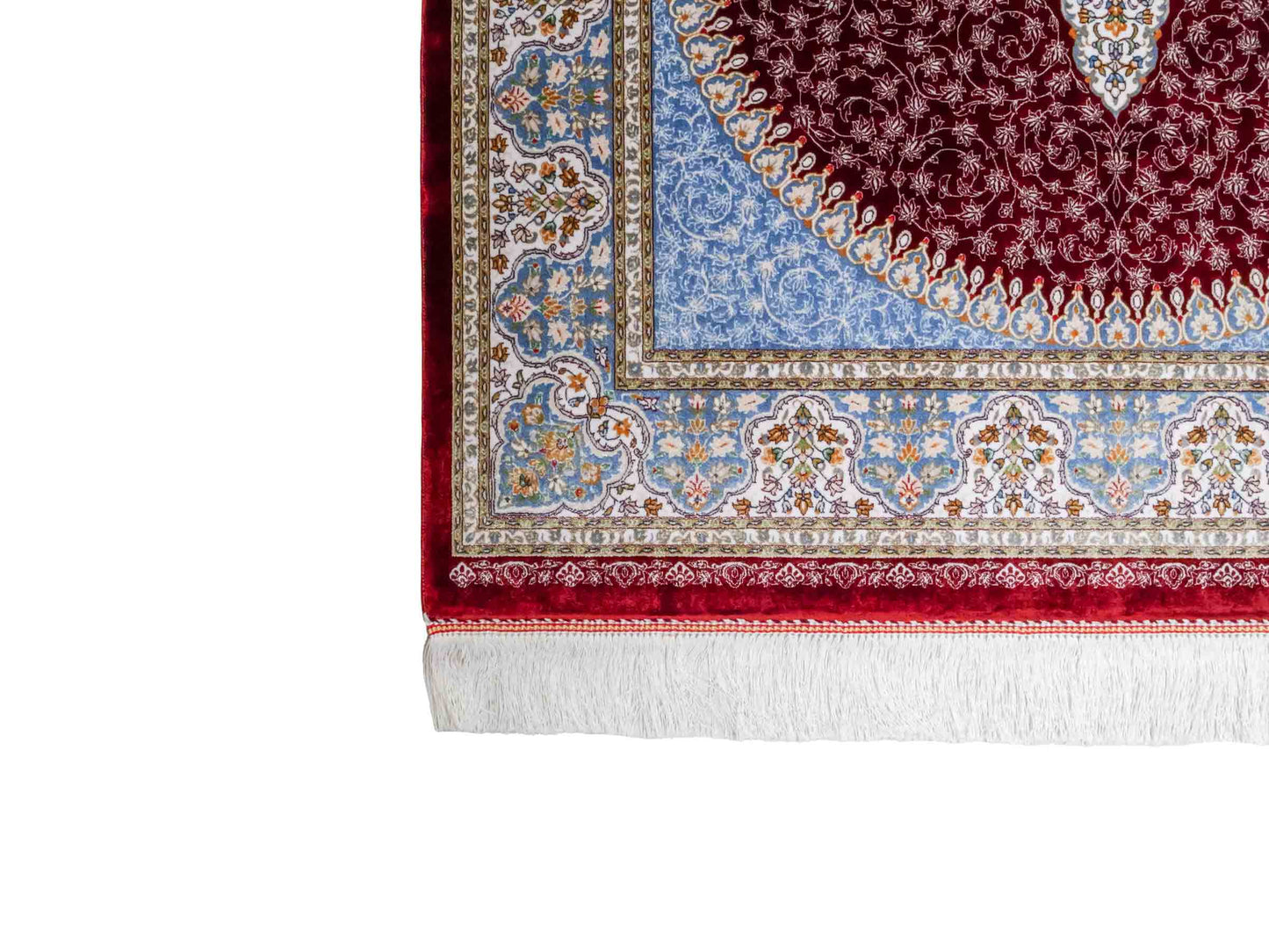 Ghom Maschinenteppich "Arshir" 150 x 100 cm aus pflanzlicher Seide (Viskose) mit Medaillon, Rot. Teppichnummer: V6RD150H. Persian Luxury Collection by Khademi. Made in Iran / Persia – Vertrieb durch JUPITER Intl.