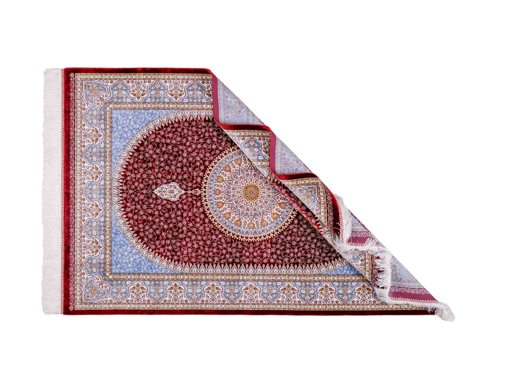 Ghom Maschinenteppich "Arshir" 150 x 100 cm aus pflanzlicher Seide (Viskose) mit Medaillon, Rot. Teppichnummer: V6RD150H. Persian Luxury Collection by Khademi. Made in Iran / Persia – Vertrieb durch JUPITER Intl.