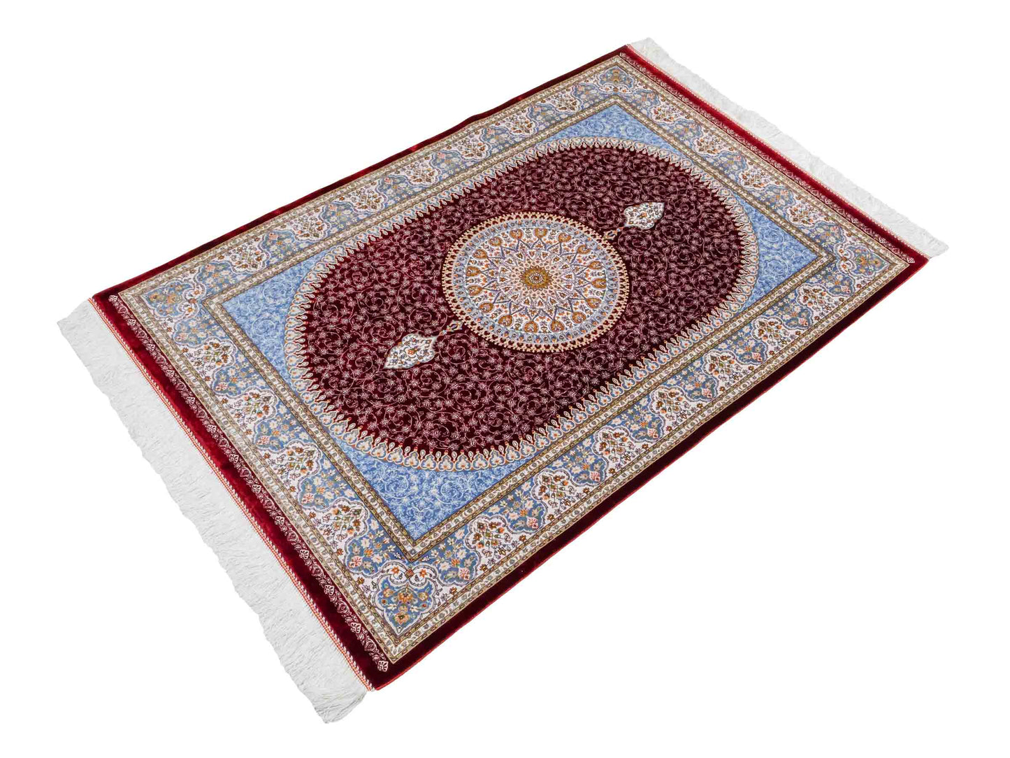 Ghom Maschinenteppich "Arshir" 150 x 100 cm aus pflanzlicher Seide (Viskose) mit Medaillon, Rot. Teppichnummer: V6RD150H. Persian Luxury Collection by Khademi. Made in Iran / Persia – Vertrieb durch JUPITER Intl.