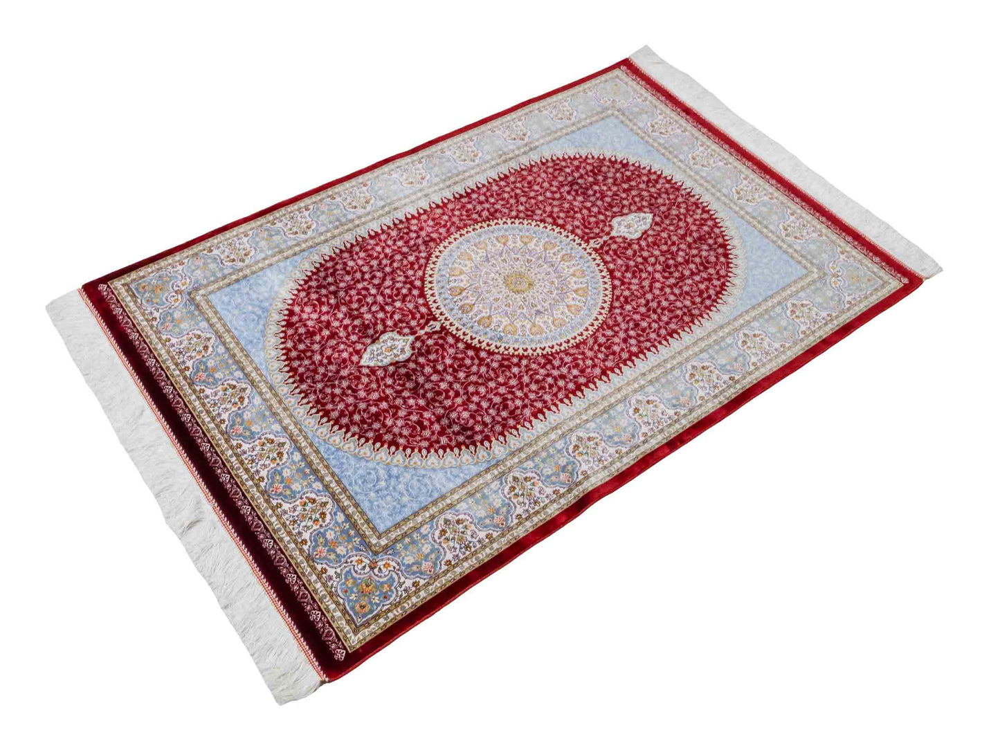 Ghom Maschinenteppich "Arshir" 150 x 100 cm aus pflanzlicher Seide (Viskose) mit Medaillon, Rot. Teppichnummer: V6RD150H. Persian Luxury Collection by Khademi. Made in Iran / Persia – Vertrieb durch JUPITER Intl.