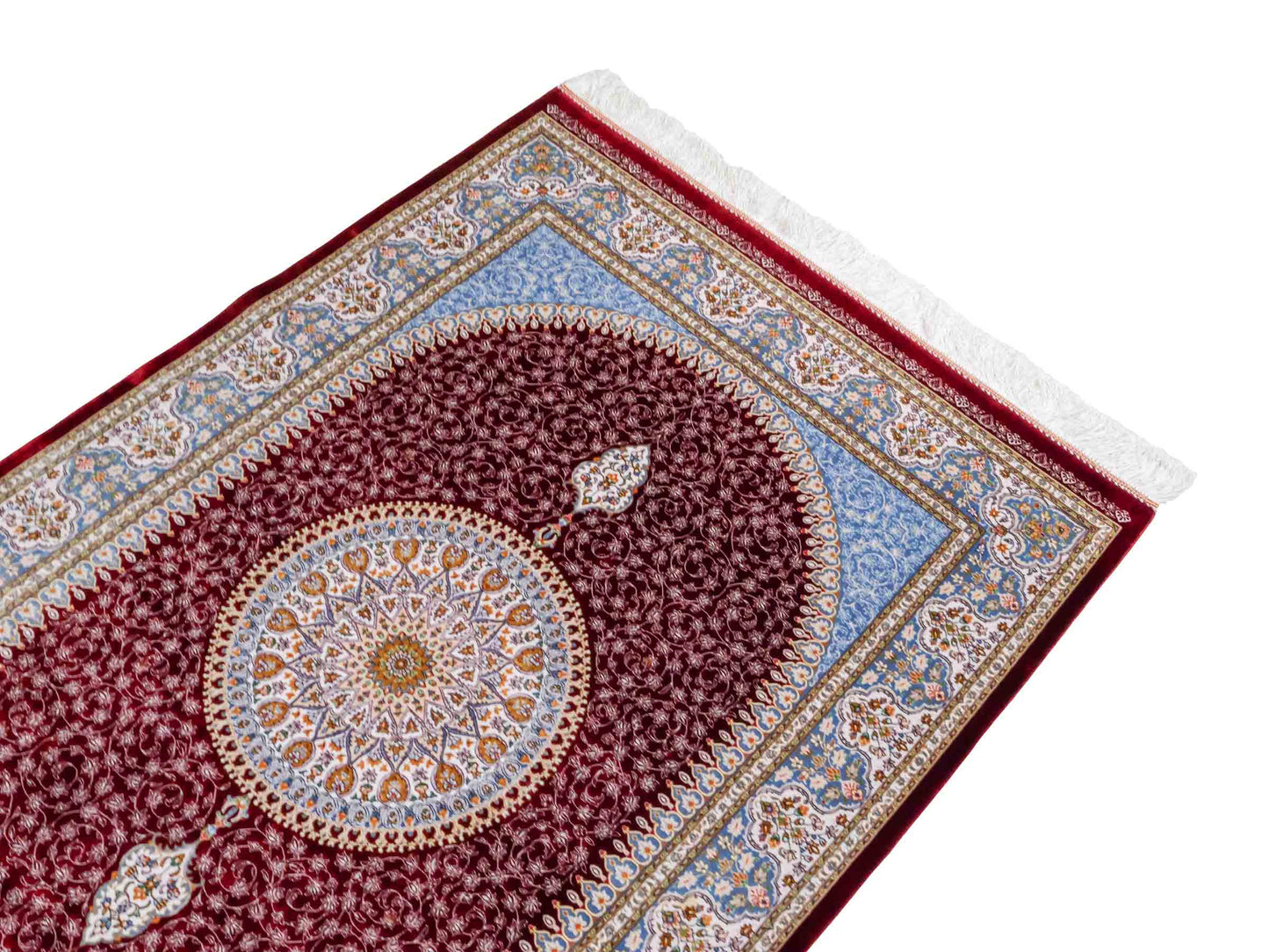 Ghom Maschinenteppich "Arshir" 150 x 100 cm aus pflanzlicher Seide (Viskose) mit Medaillon, Rot. Teppichnummer: V6RD150H. Persian Luxury Collection by Khademi. Made in Iran / Persia – Vertrieb durch JUPITER Intl.