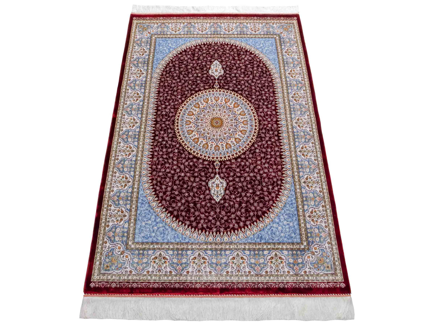 Ghom Maschinenteppich "Arshir" 150 x 100 cm aus pflanzlicher Seide (Viskose) mit Medaillon, Rot. Teppichnummer: V6RD150H. Persian Luxury Collection by Khademi. Made in Iran / Persia – Vertrieb durch JUPITER Intl.