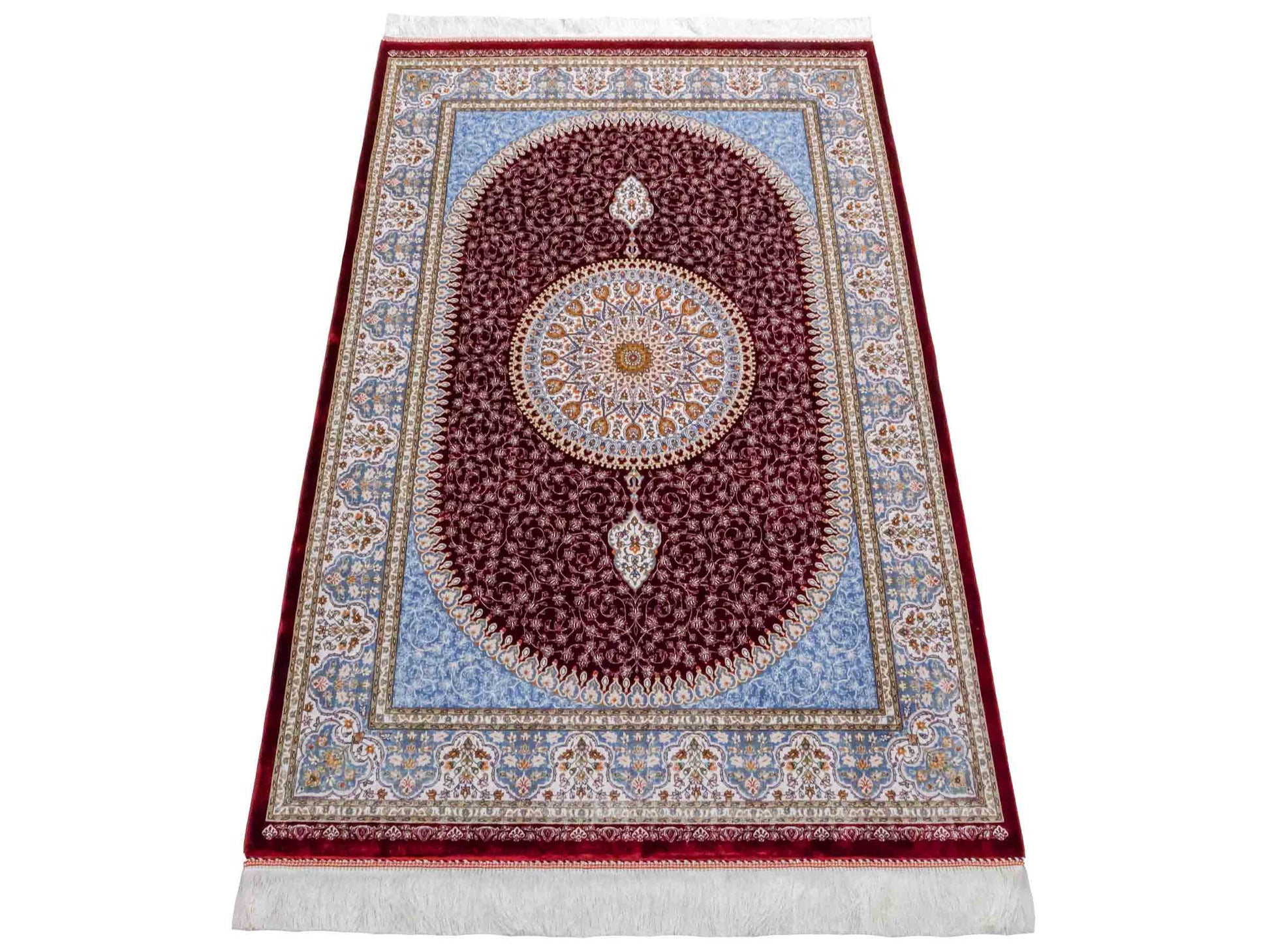 Ghom Maschinenteppich "Arshir" 150 x 100 cm aus pflanzlicher Seide (Viskose) mit Medaillon, Rot. Teppichnummer: V6RD150H. Persian Luxury Collection by Khademi. Made in Iran / Persia – Vertrieb durch JUPITER Intl.