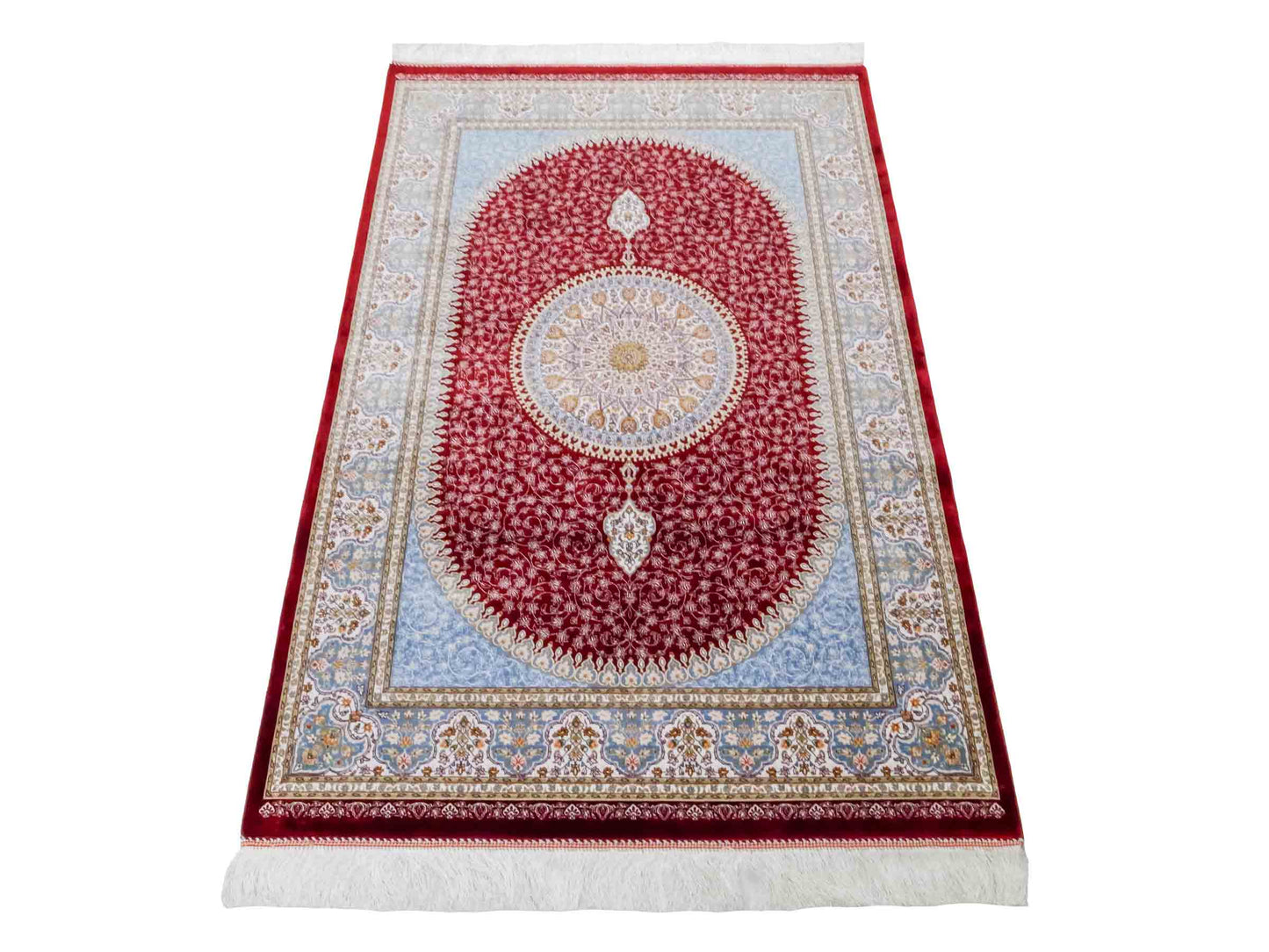 Ghom Maschinenteppich "Arshir" 150 x 100 cm aus pflanzlicher Seide (Viskose) mit Medaillon, Rot. Teppichnummer: V6RD150H. Persian Luxury Collection by Khademi. Made in Iran / Persia – Vertrieb durch JUPITER Intl.