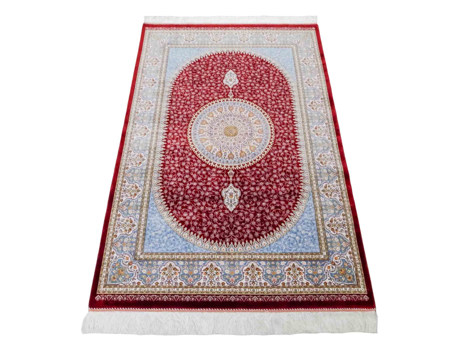 Ghom Maschinenteppich "Arshir" 150 x 100 cm aus pflanzlicher Seide (Viskose) mit Medaillon, Rot. Teppichnummer: V6RD150H. Persian Luxury Collection by Khademi. Made in Iran / Persia – Vertrieb durch JUPITER Intl.