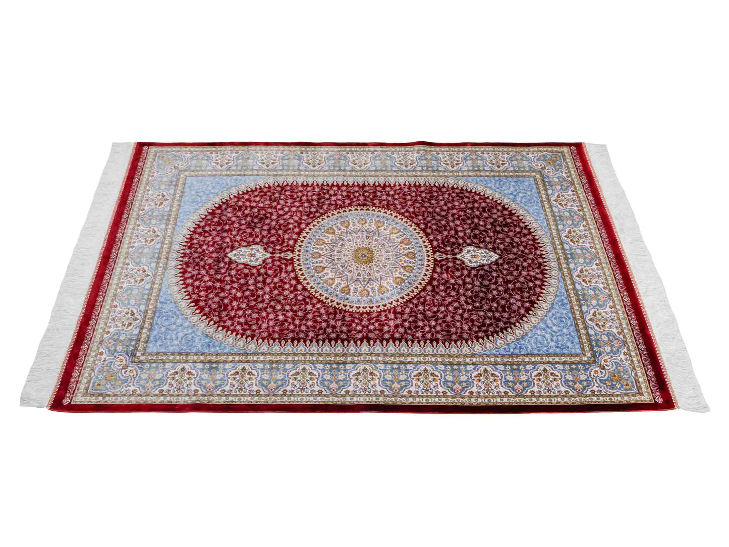 Ghom Maschinenteppich "Arshir" 150 x 100 cm aus pflanzlicher Seide (Viskose) mit Medaillon, Rot. Teppichnummer: V6RD150H. Persian Luxury Collection by Khademi. Made in Iran / Persia – Vertrieb durch JUPITER Intl.