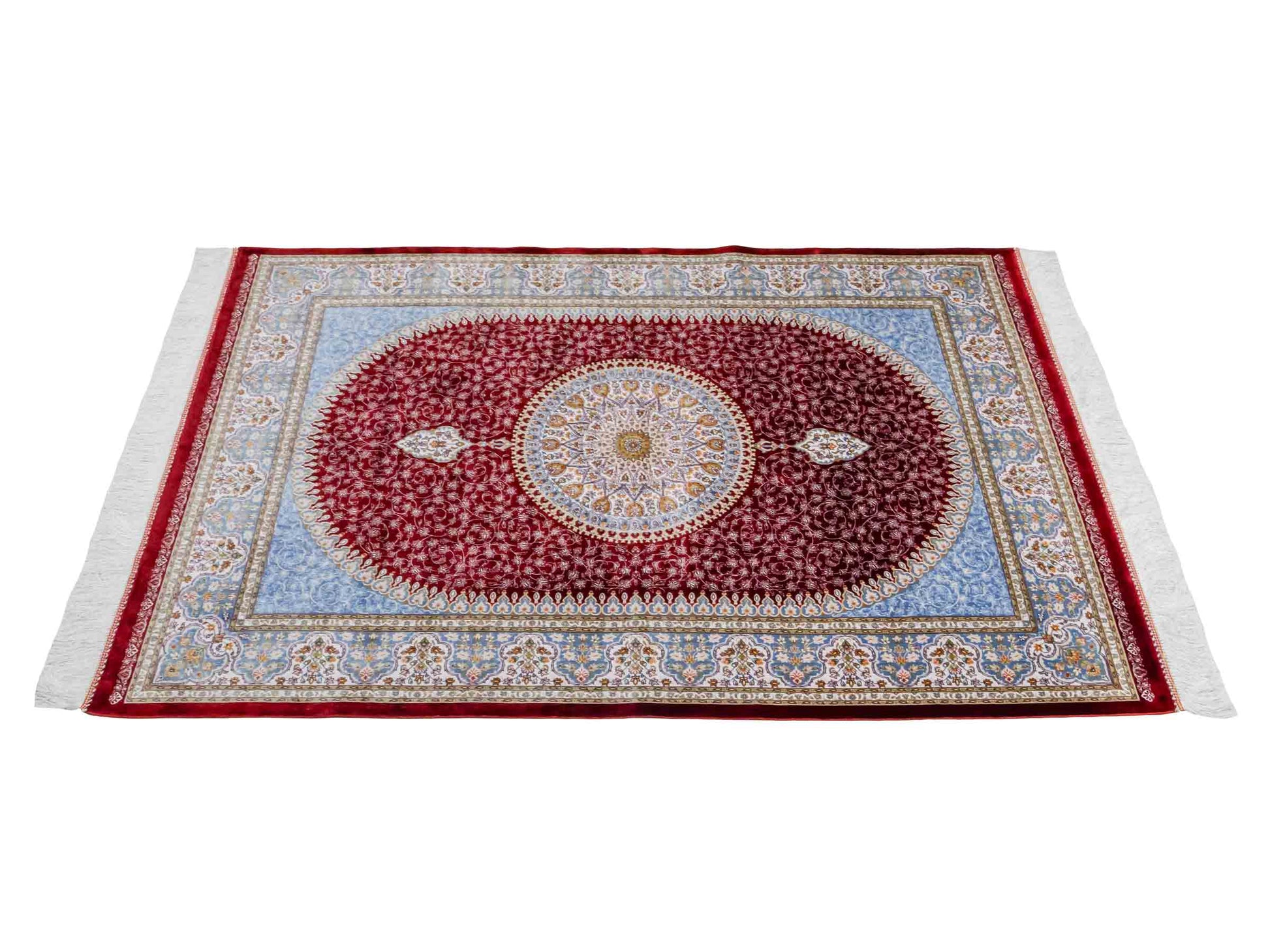 Ghom Maschinenteppich "Arshir" 150 x 100 cm aus pflanzlicher Seide (Viskose) mit Medaillon, Rot. Teppichnummer: V6RD150H. Persian Luxury Collection by Khademi. Made in Iran / Persia – Vertrieb durch JUPITER Intl.