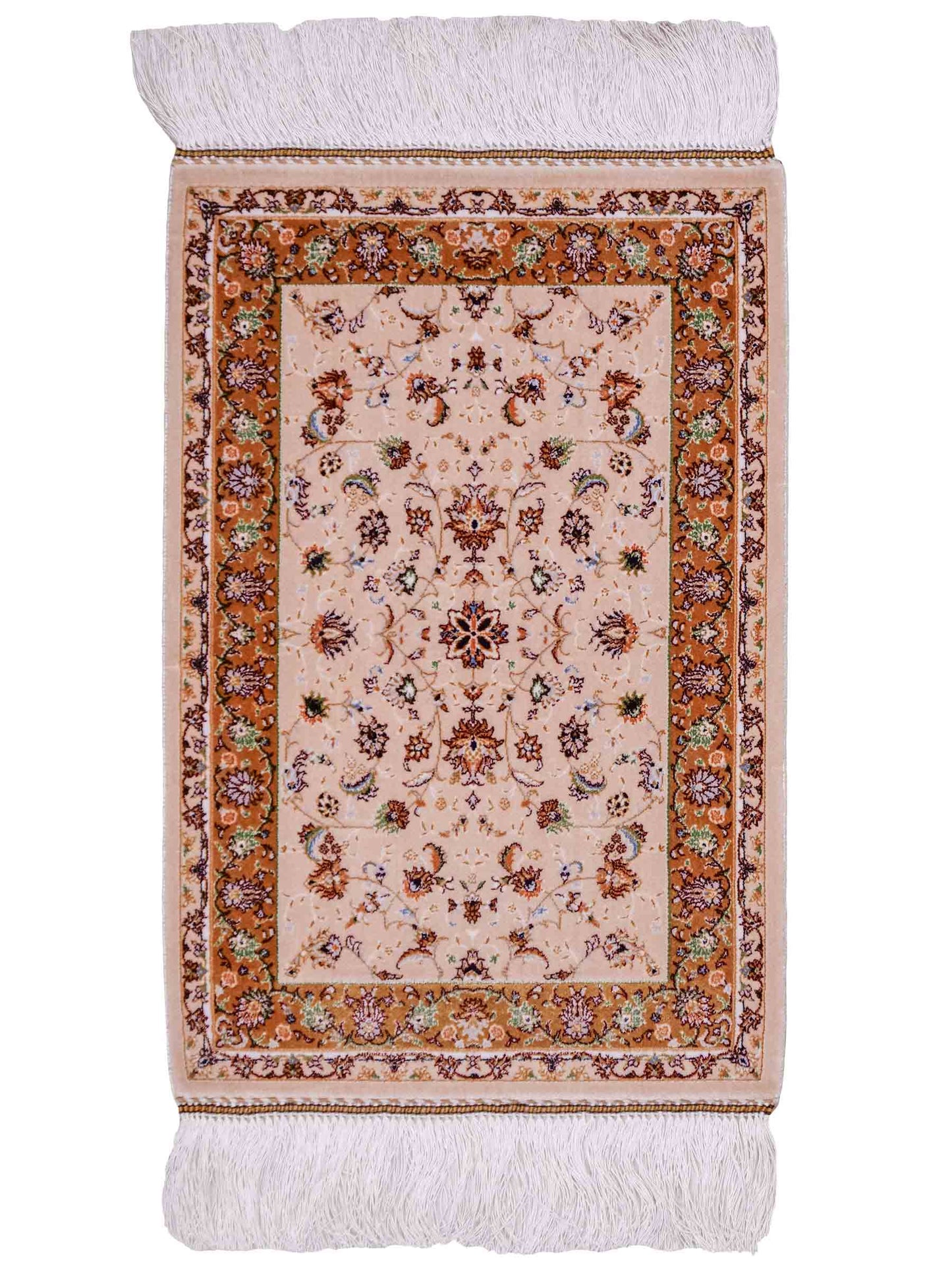 Ghom Maschinenteppich "Arshiyan" 55 x 37 cm aus pflanzlicher Seide (Viskose) mit Allover-Design, Beige. Teppichnummer: V11BG020H. Persian Luxury Collection by Khademi. Made in Iran / Persia – Vertrieb durch JUPITER Intl.