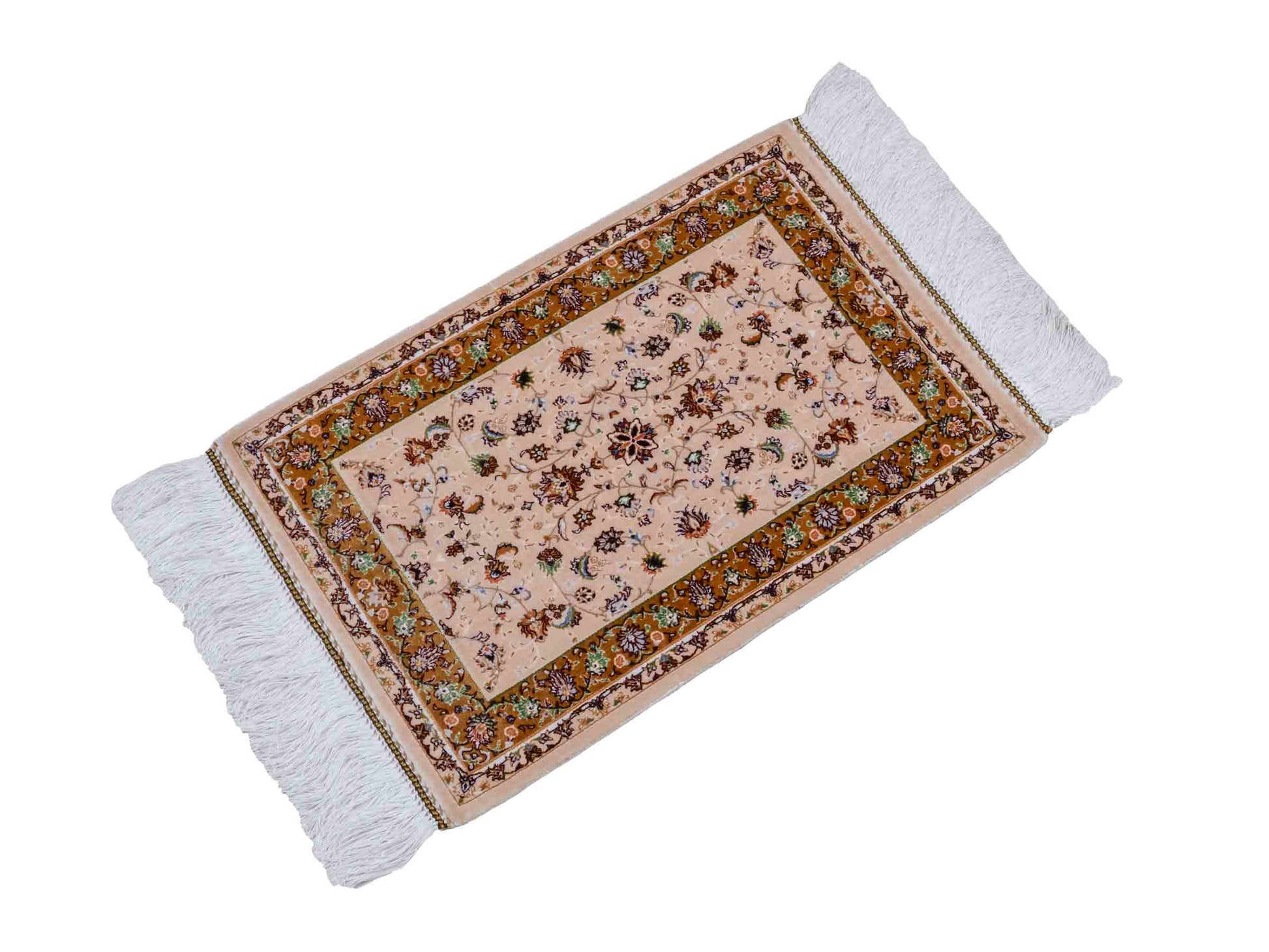 Ghom Maschinenteppich "Arshiyan" 55 x 37 cm aus pflanzlicher Seide (Viskose) mit Allover-Design, Beige. Teppichnummer: V11BG020H. Persian Luxury Collection by Khademi. Made in Iran / Persia – Vertrieb durch JUPITER Intl.