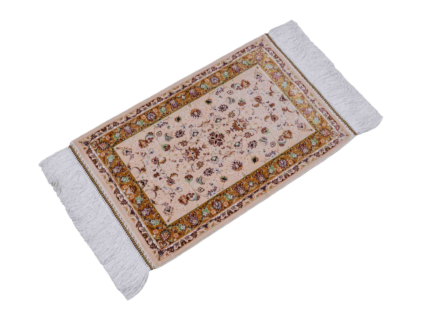 Ghom Maschinenteppich "Arshiyan" 55 x 37 cm aus pflanzlicher Seide (Viskose) mit Allover-Design, Beige. Teppichnummer: V11BG020H. Persian Luxury Collection by Khademi. Made in Iran / Persia – Vertrieb durch JUPITER Intl.