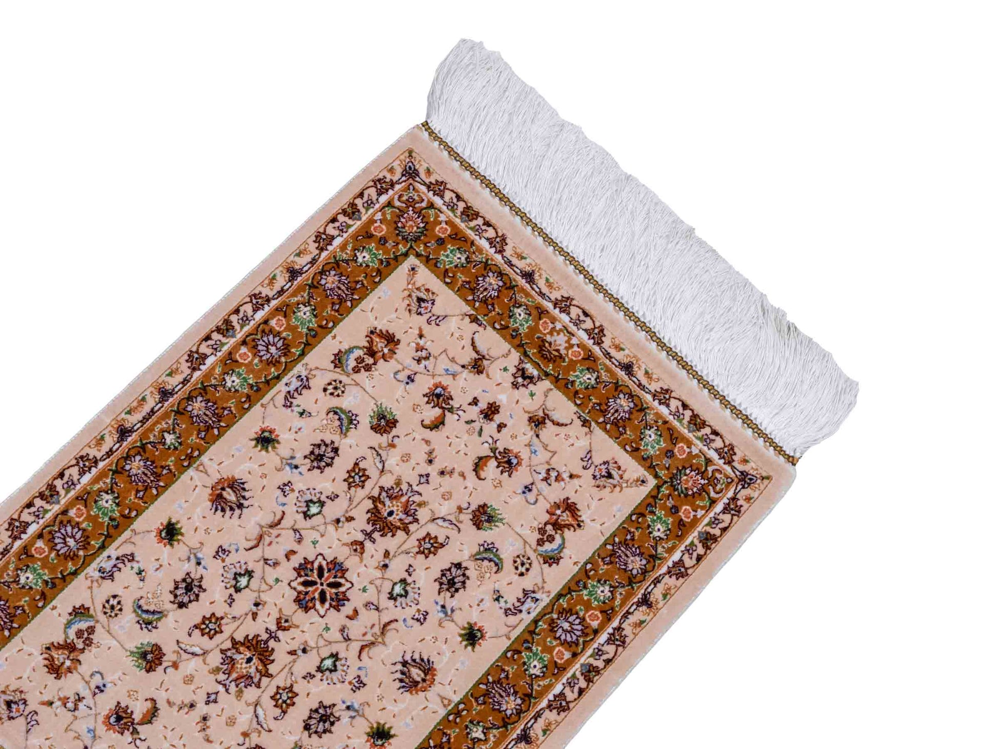 Ghom Maschinenteppich "Arshiyan" 55 x 37 cm aus pflanzlicher Seide (Viskose) mit Allover-Design, Beige. Teppichnummer: V11BG020H. Persian Luxury Collection by Khademi. Made in Iran / Persia – Vertrieb durch JUPITER Intl.