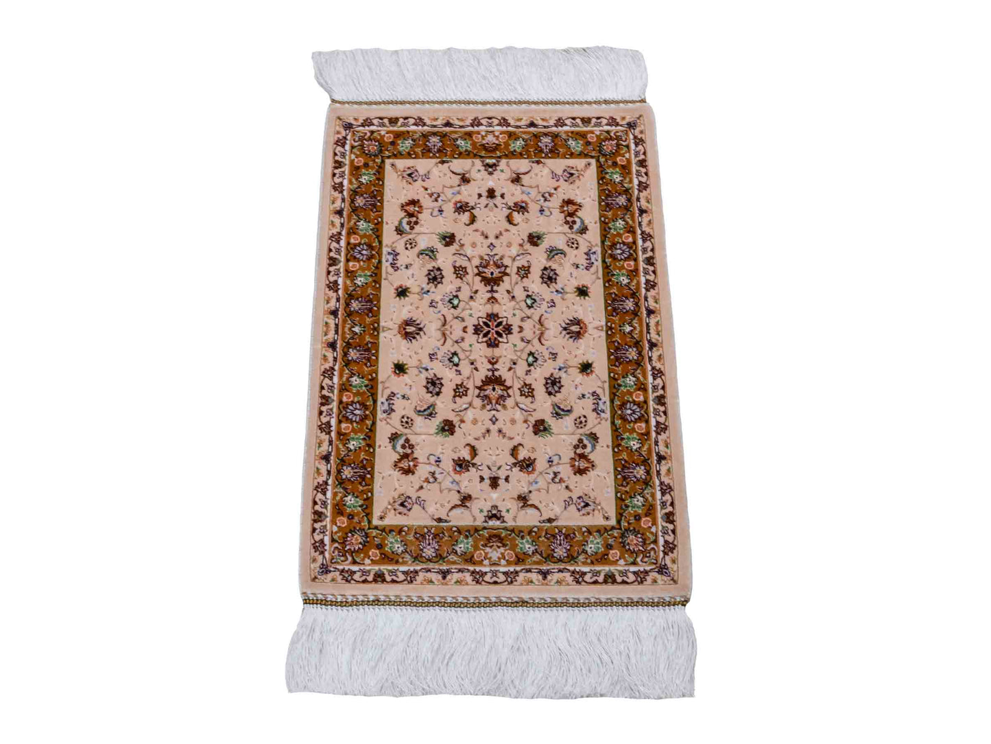 Ghom Maschinenteppich "Arshiyan" 55 x 37 cm aus pflanzlicher Seide (Viskose) mit Allover-Design, Beige. Teppichnummer: V11BG020H. Persian Luxury Collection by Khademi. Made in Iran / Persia – Vertrieb durch JUPITER Intl.