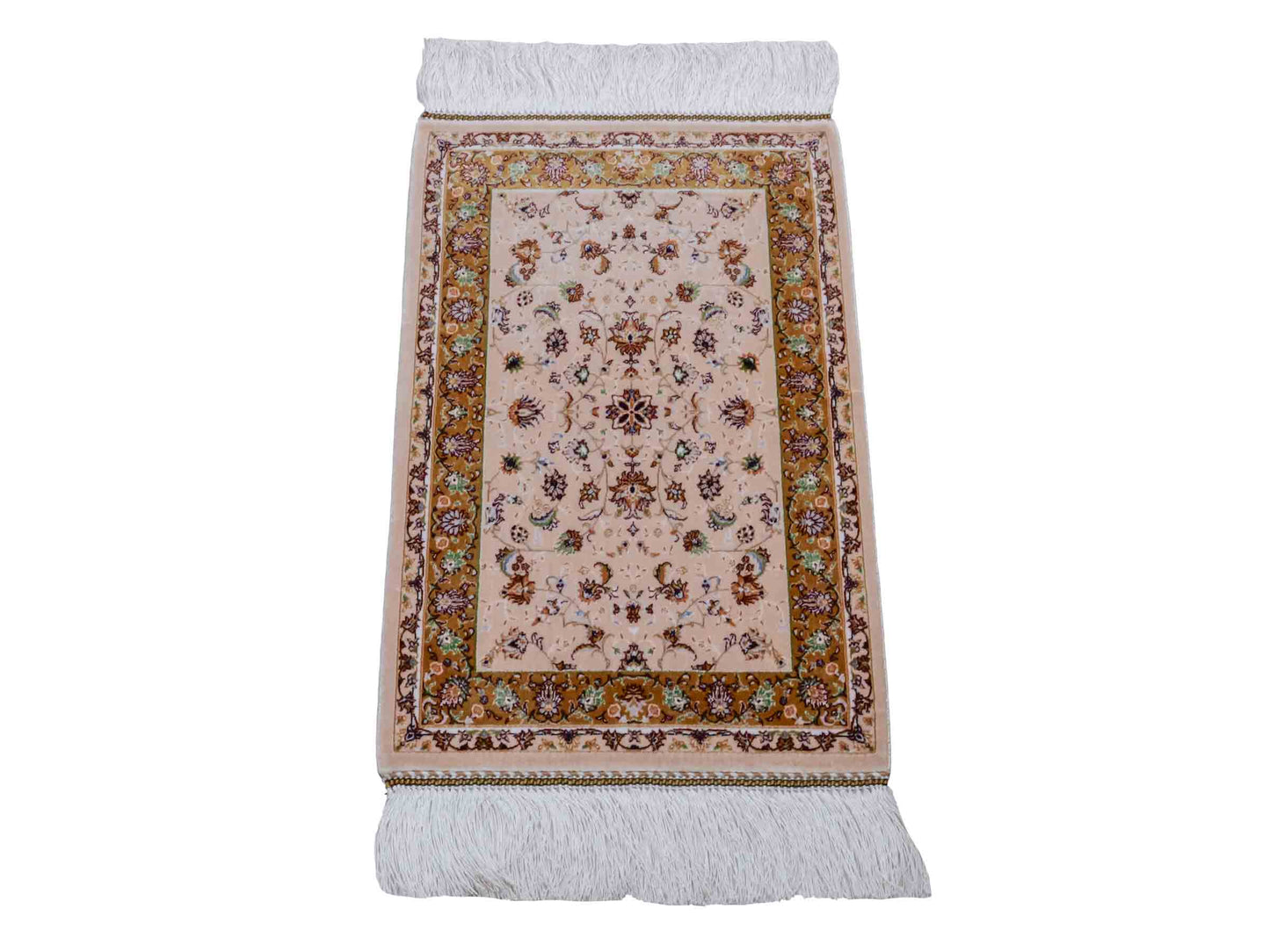 Ghom Maschinenteppich "Arshiyan" 55 x 37 cm aus pflanzlicher Seide (Viskose) mit Allover-Design, Beige. Teppichnummer: V11BG020H. Persian Luxury Collection by Khademi. Made in Iran / Persia – Vertrieb durch JUPITER Intl.