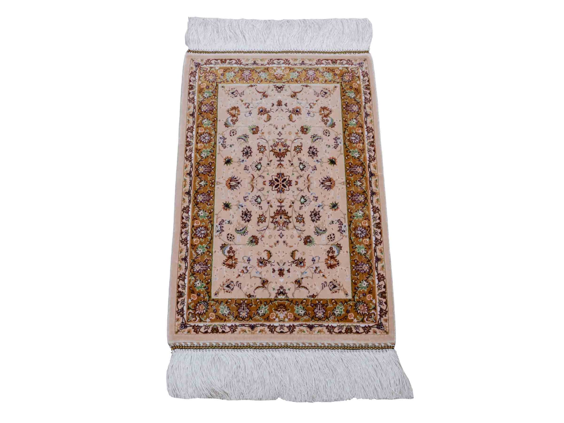 Ghom Maschinenteppich "Arshiyan" 55 x 37 cm aus pflanzlicher Seide (Viskose) mit Allover-Design, Beige. Teppichnummer: V11BG020H. Persian Luxury Collection by Khademi. Made in Iran / Persia – Vertrieb durch JUPITER Intl.