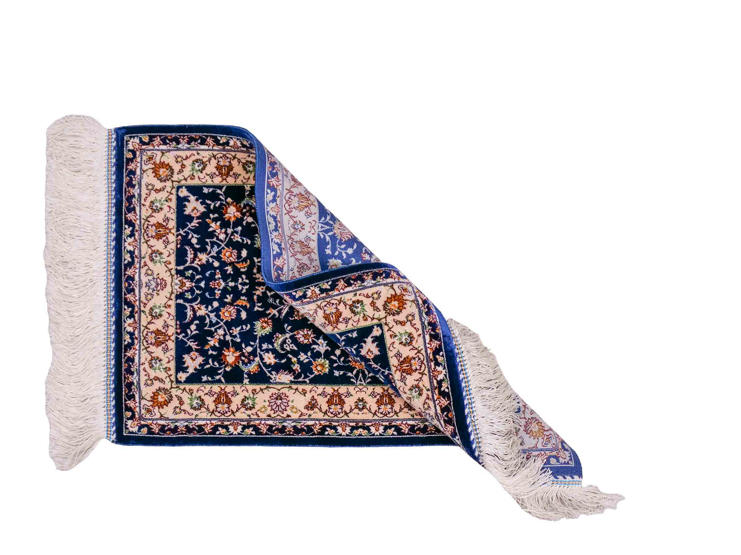 Ghom Maschinenteppich "Arshiyan" 55 x 37 cm aus pflanzlicher Seide (Viskose) mit Allover-Design, Dunkelblau. Teppichnummer: V11BK020H. Persian Luxury Collection by Khademi. Made in Iran / Persia – Vertrieb durch JUPITER Intl.
