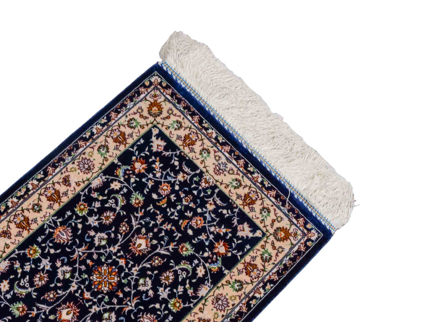 Ghom Maschinenteppich "Arshiyan" 55 x 37 cm aus pflanzlicher Seide (Viskose) mit Allover-Design, Dunkelblau. Teppichnummer: V11BK020H. Persian Luxury Collection by Khademi. Made in Iran / Persia – Vertrieb durch JUPITER Intl.