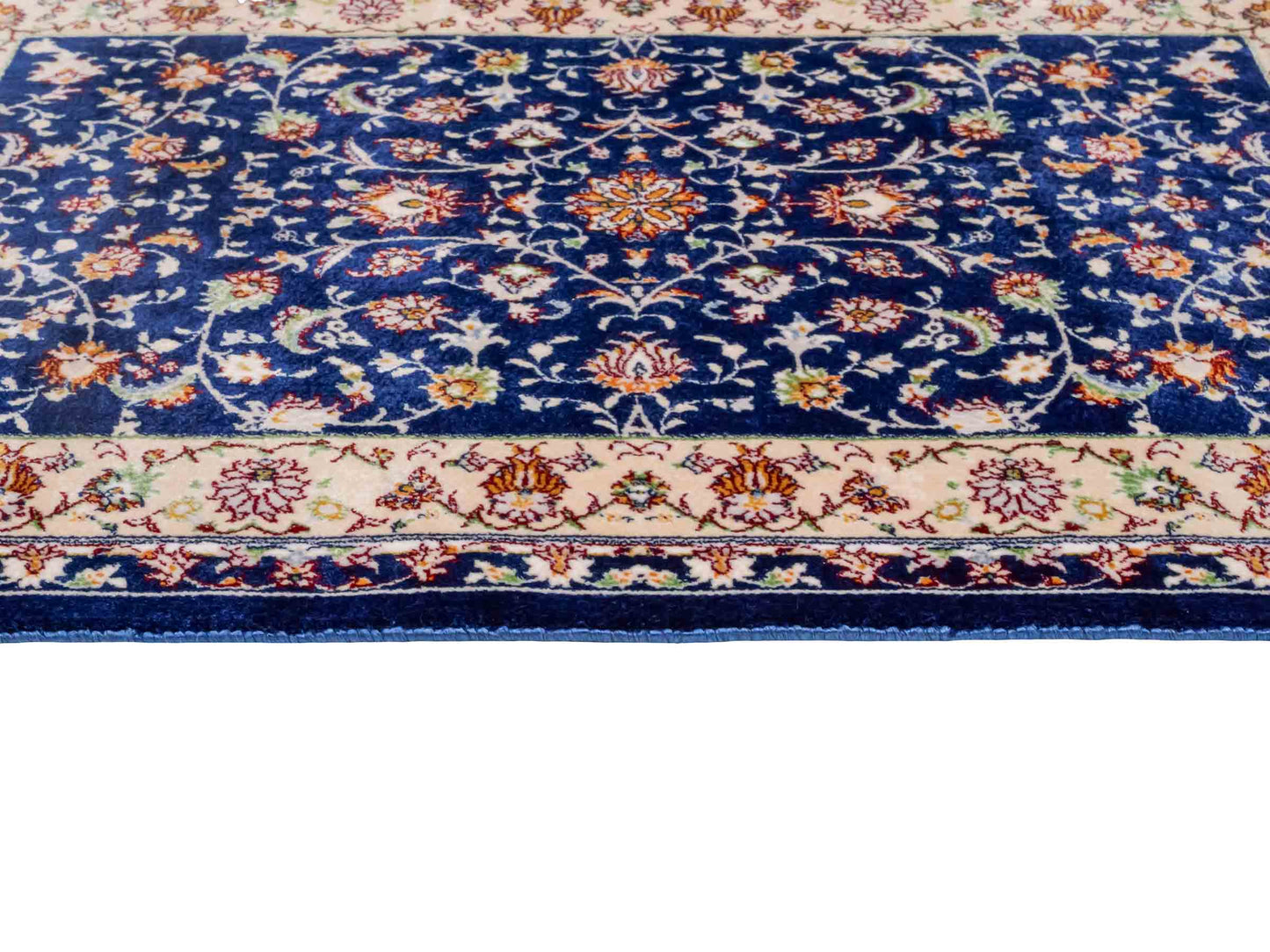 Ghom Maschinenteppich "Arshiyan" 55 x 37 cm aus pflanzlicher Seide (Viskose) mit Allover-Design, Dunkelblau. Teppichnummer: V11BK020H. Persian Luxury Collection by Khademi. Made in Iran / Persia – Vertrieb durch JUPITER Intl.