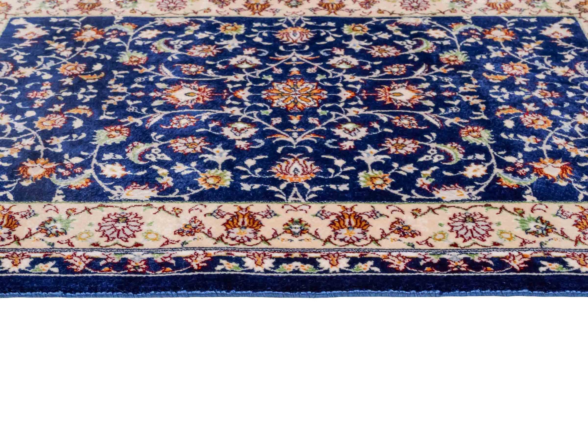 Ghom Maschinenteppich "Arshiyan" 55 x 37 cm aus pflanzlicher Seide (Viskose) mit Allover-Design, Dunkelblau. Teppichnummer: V11BK020H. Persian Luxury Collection by Khademi. Made in Iran / Persia – Vertrieb durch JUPITER Intl.