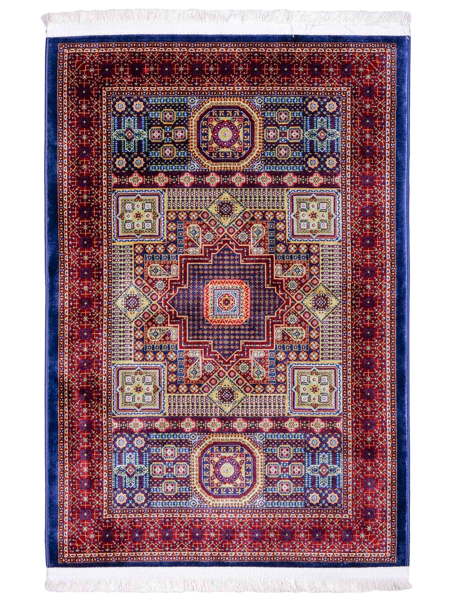 Ghom Maschinenteppich "Aru" 90 x 60 cm aus pflanzlicher Seide (Viskose) mit Medaillon, Navy. Teppichnummer: V9NY054M. Persian Luxury Collection by Khademi. Made in Iran / Persia – Vertrieb durch JUPITER Intl.