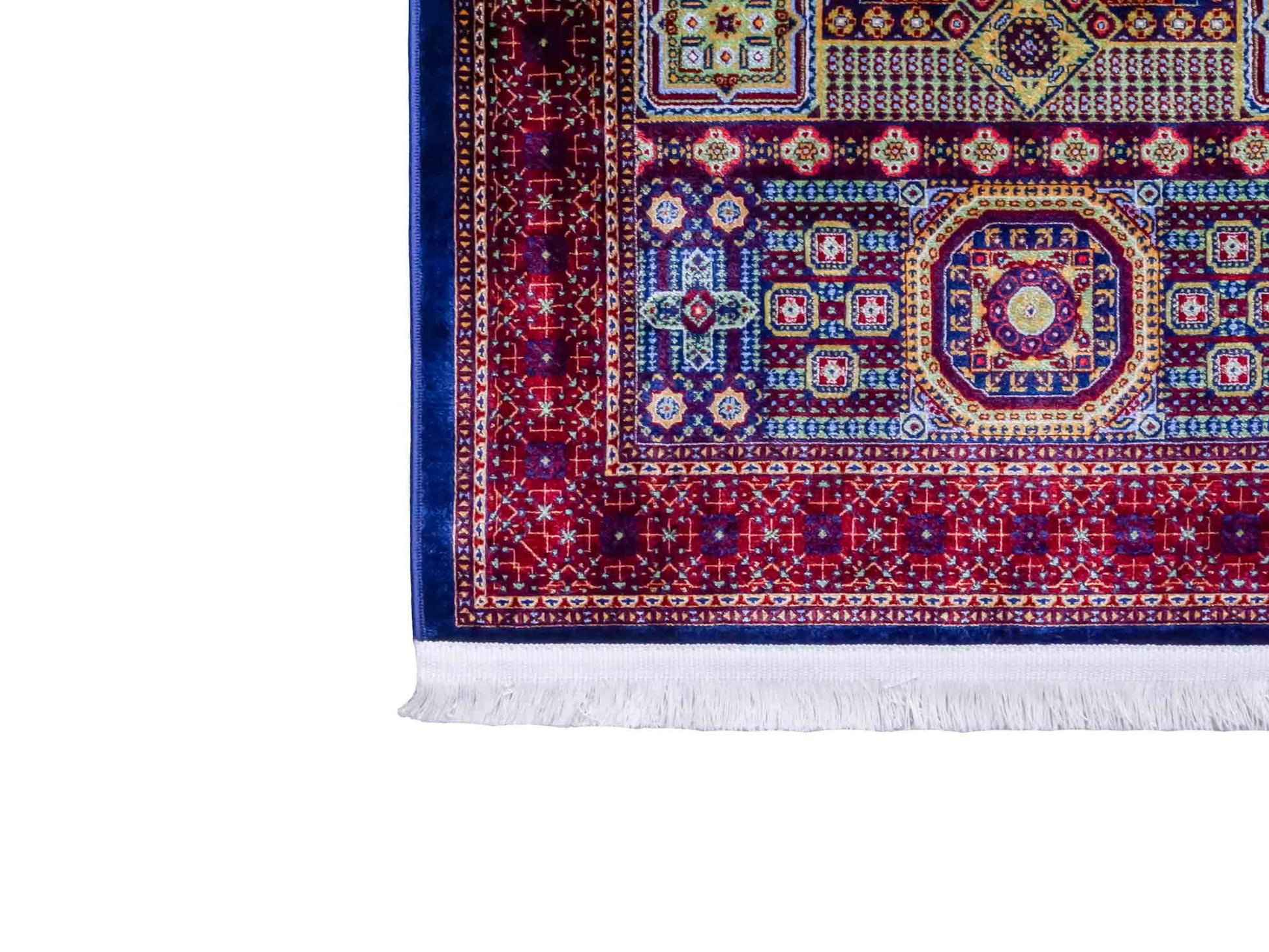 Ghom Maschinenteppich "Aru" 90 x 60 cm aus pflanzlicher Seide (Viskose) mit Medaillon, Navy. Teppichnummer: V9NY054M. Persian Luxury Collection by Khademi. Made in Iran / Persia – Vertrieb durch JUPITER Intl.