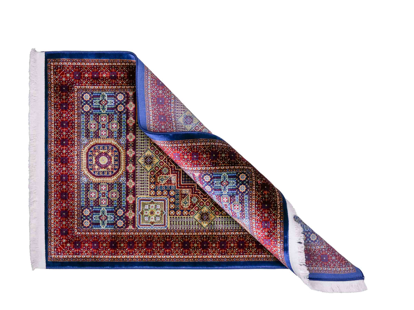 Ghom Maschinenteppich "Aru" 90 x 60 cm aus pflanzlicher Seide (Viskose) mit Medaillon, Navy. Teppichnummer: V9NY054M. Persian Luxury Collection by Khademi. Made in Iran / Persia – Vertrieb durch JUPITER Intl.