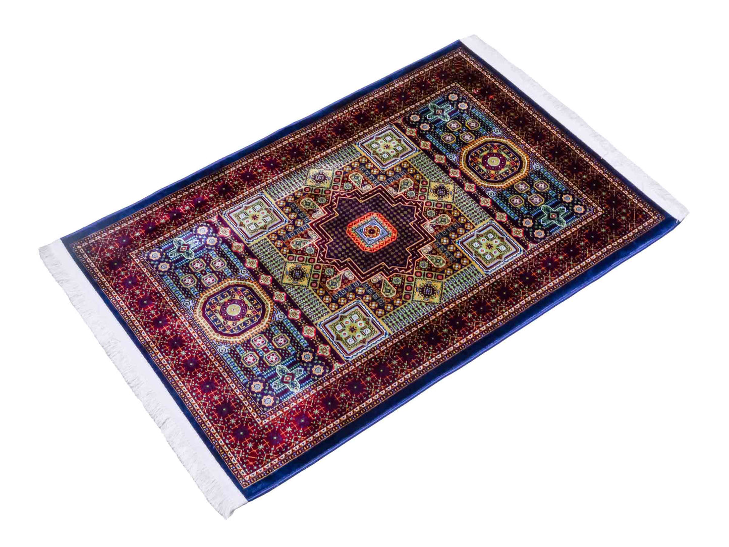 Ghom Maschinenteppich "Aru" 90 x 60 cm aus pflanzlicher Seide (Viskose) mit Medaillon, Navy. Teppichnummer: V9NY054M. Persian Luxury Collection by Khademi. Made in Iran / Persia – Vertrieb durch JUPITER Intl.