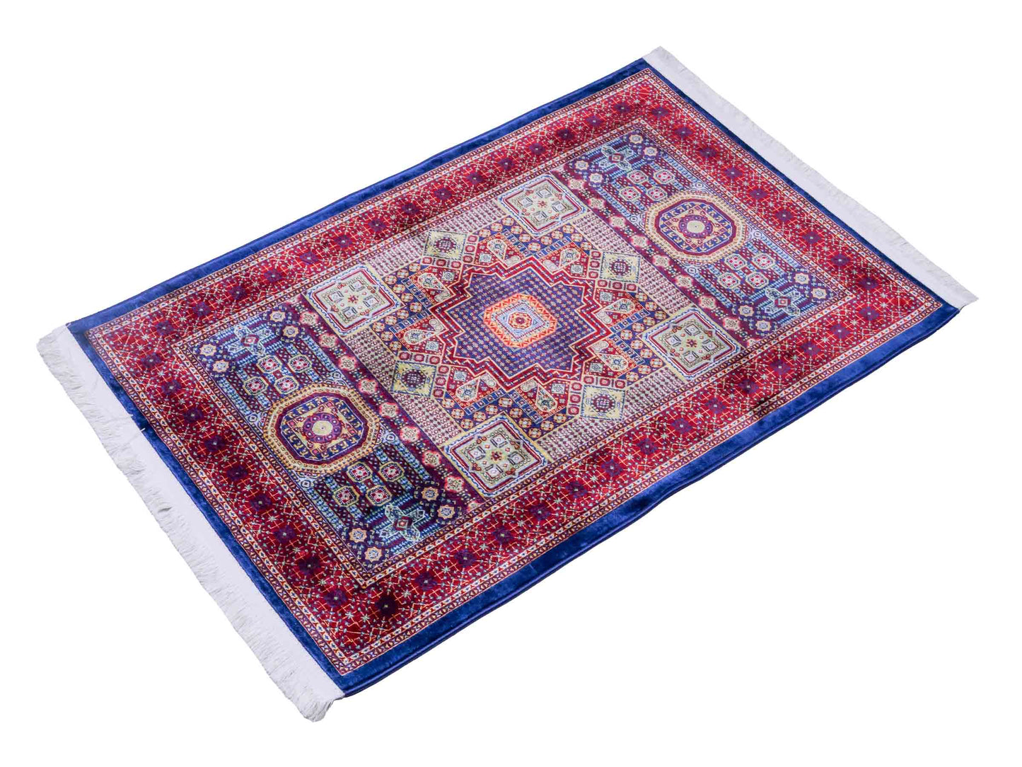 Ghom Maschinenteppich "Aru" 90 x 60 cm aus pflanzlicher Seide (Viskose) mit Medaillon, Navy. Teppichnummer: V9NY054M. Persian Luxury Collection by Khademi. Made in Iran / Persia – Vertrieb durch JUPITER Intl.