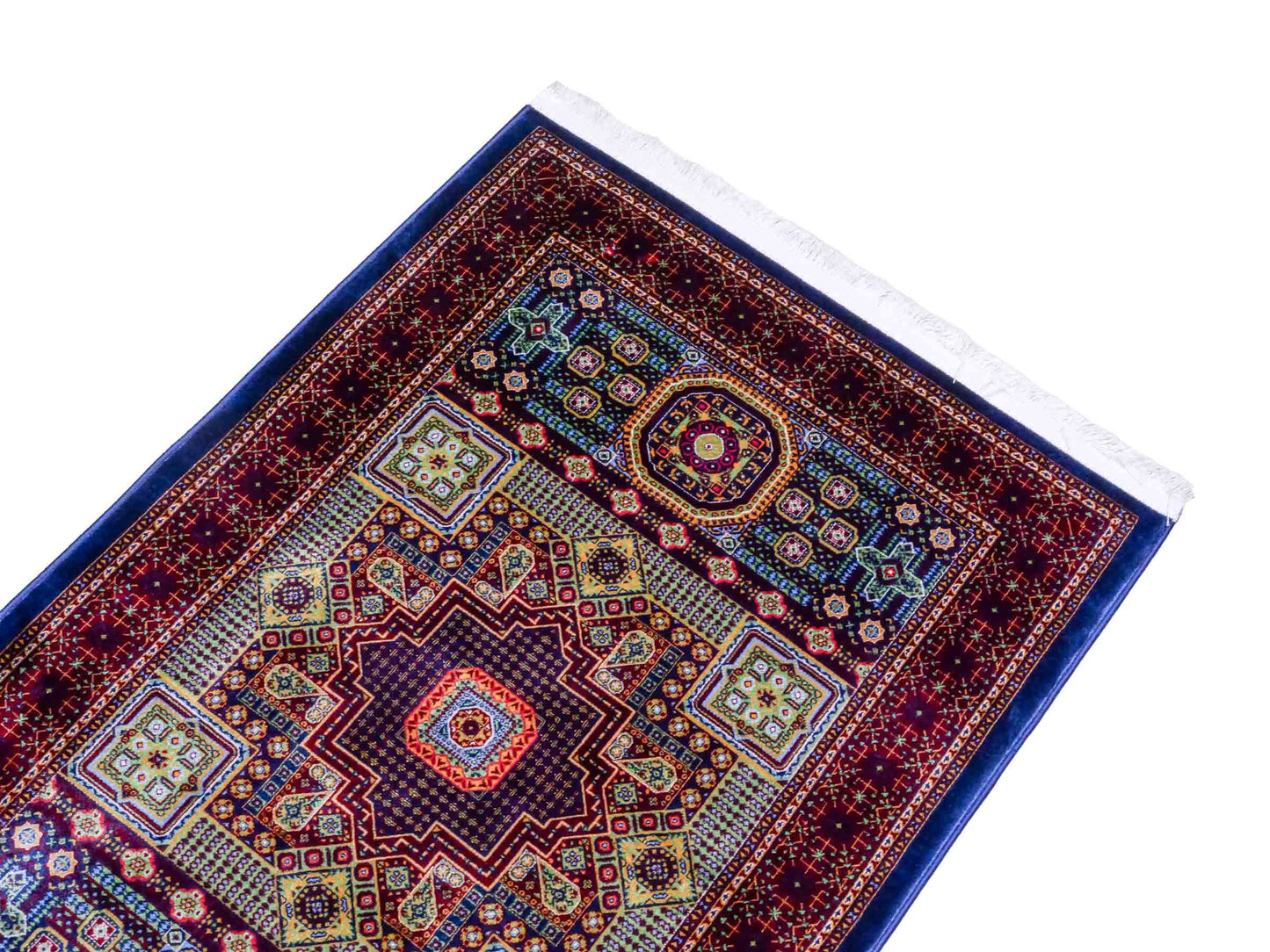 Ghom Maschinenteppich "Aru" 90 x 60 cm aus pflanzlicher Seide (Viskose) mit Medaillon, Navy. Teppichnummer: V9NY054M. Persian Luxury Collection by Khademi. Made in Iran / Persia – Vertrieb durch JUPITER Intl.