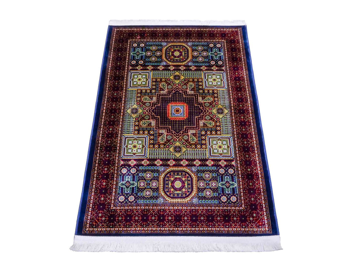 Ghom Maschinenteppich "Aru" 90 x 60 cm aus pflanzlicher Seide (Viskose) mit Medaillon, Navy. Teppichnummer: V9NY054M. Persian Luxury Collection by Khademi. Made in Iran / Persia – Vertrieb durch JUPITER Intl.