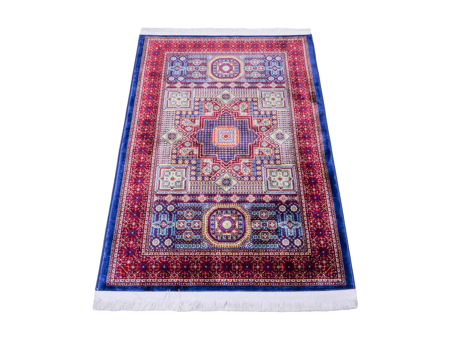 Ghom Maschinenteppich "Aru" 90 x 60 cm aus pflanzlicher Seide (Viskose) mit Medaillon, Navy. Teppichnummer: V9NY054M. Persian Luxury Collection by Khademi. Made in Iran / Persia – Vertrieb durch JUPITER Intl.