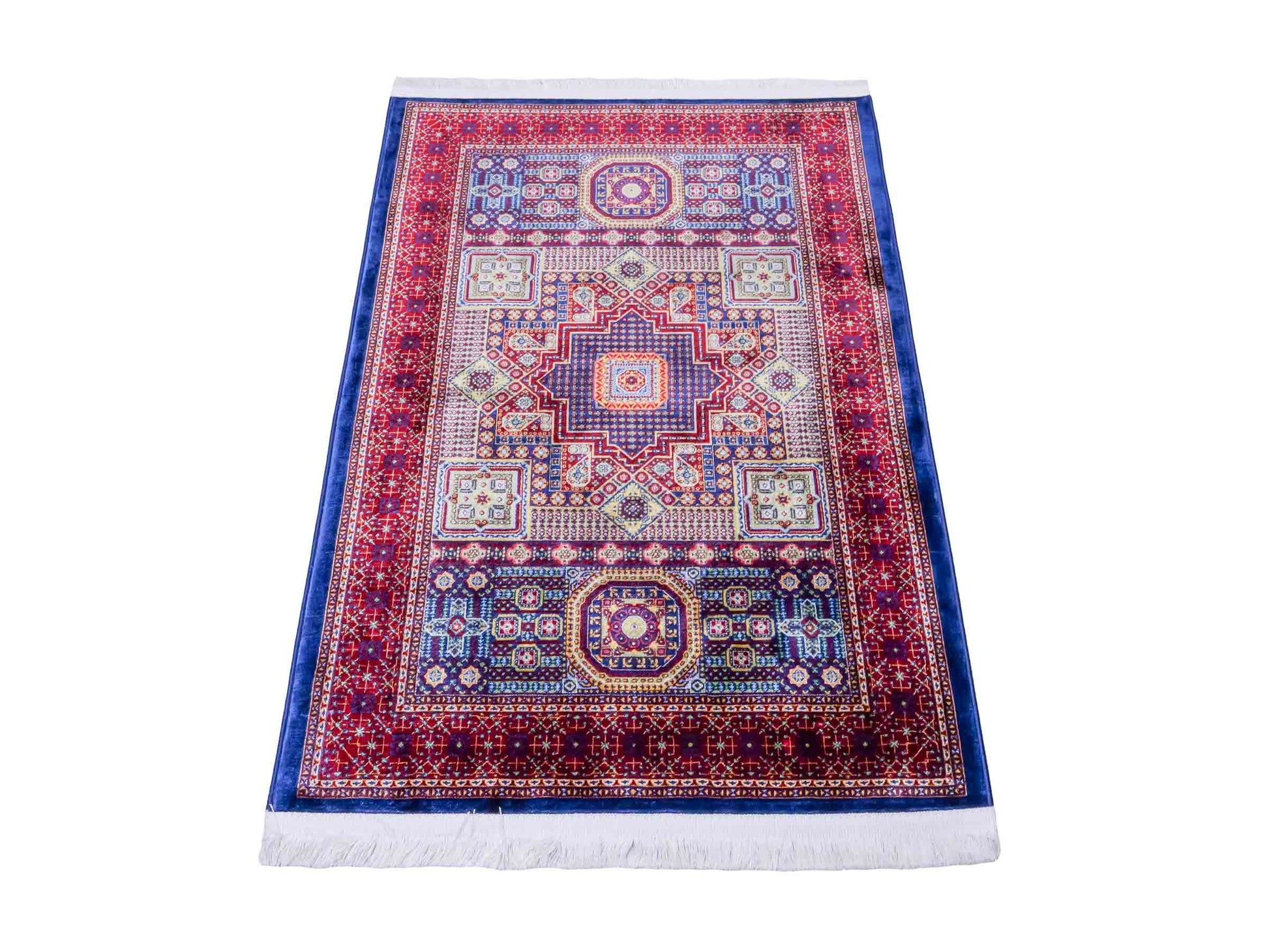 Ghom Maschinenteppich "Aru" 90 x 60 cm aus pflanzlicher Seide (Viskose) mit Medaillon, Navy. Teppichnummer: V9NY054M. Persian Luxury Collection by Khademi. Made in Iran / Persia – Vertrieb durch JUPITER Intl.