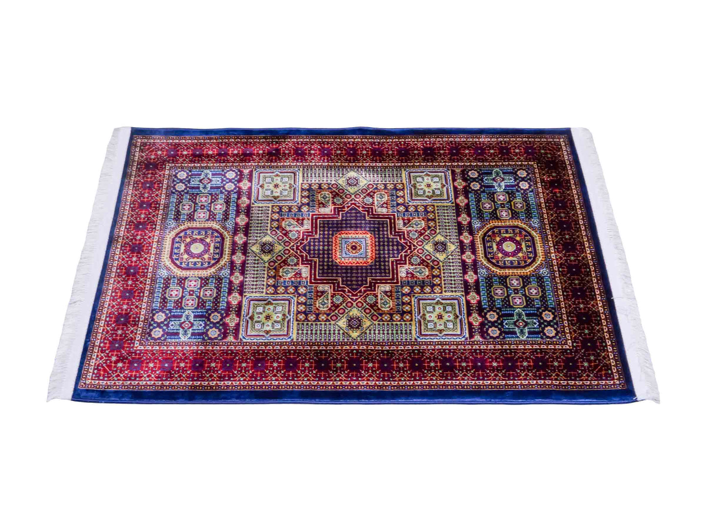 Ghom Maschinenteppich "Aru" 90 x 60 cm aus pflanzlicher Seide (Viskose) mit Medaillon, Navy. Teppichnummer: V9NY054M. Persian Luxury Collection by Khademi. Made in Iran / Persia – Vertrieb durch JUPITER Intl.