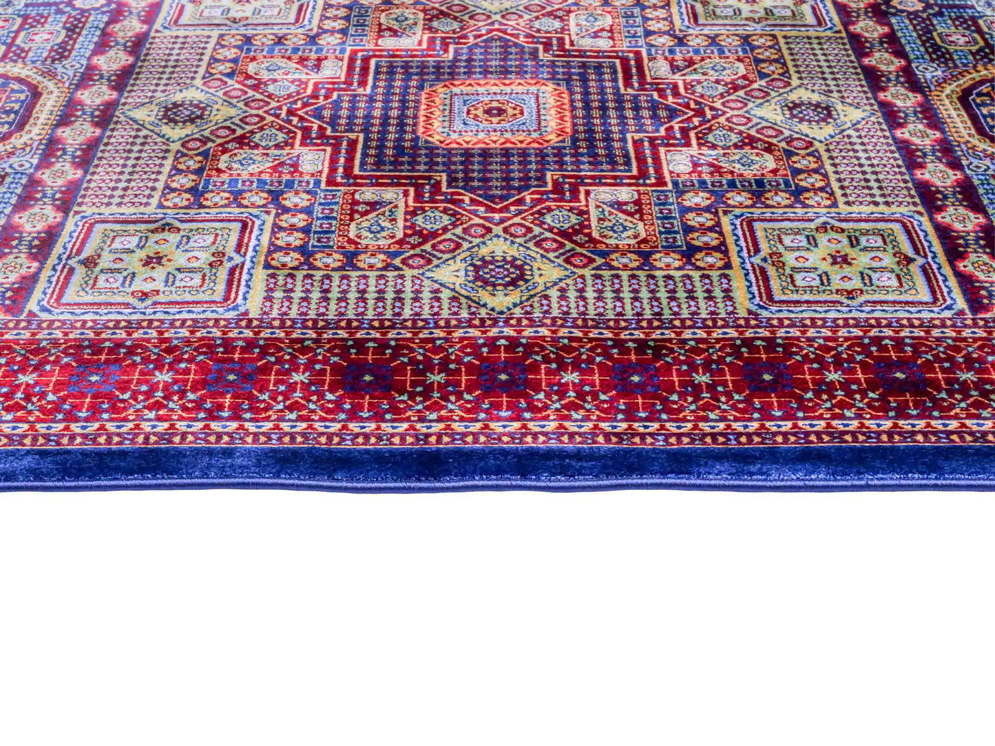 Ghom Maschinenteppich "Aru" 90 x 60 cm aus pflanzlicher Seide (Viskose) mit Medaillon, Navy. Teppichnummer: V9NY054M. Persian Luxury Collection by Khademi. Made in Iran / Persia – Vertrieb durch JUPITER Intl.