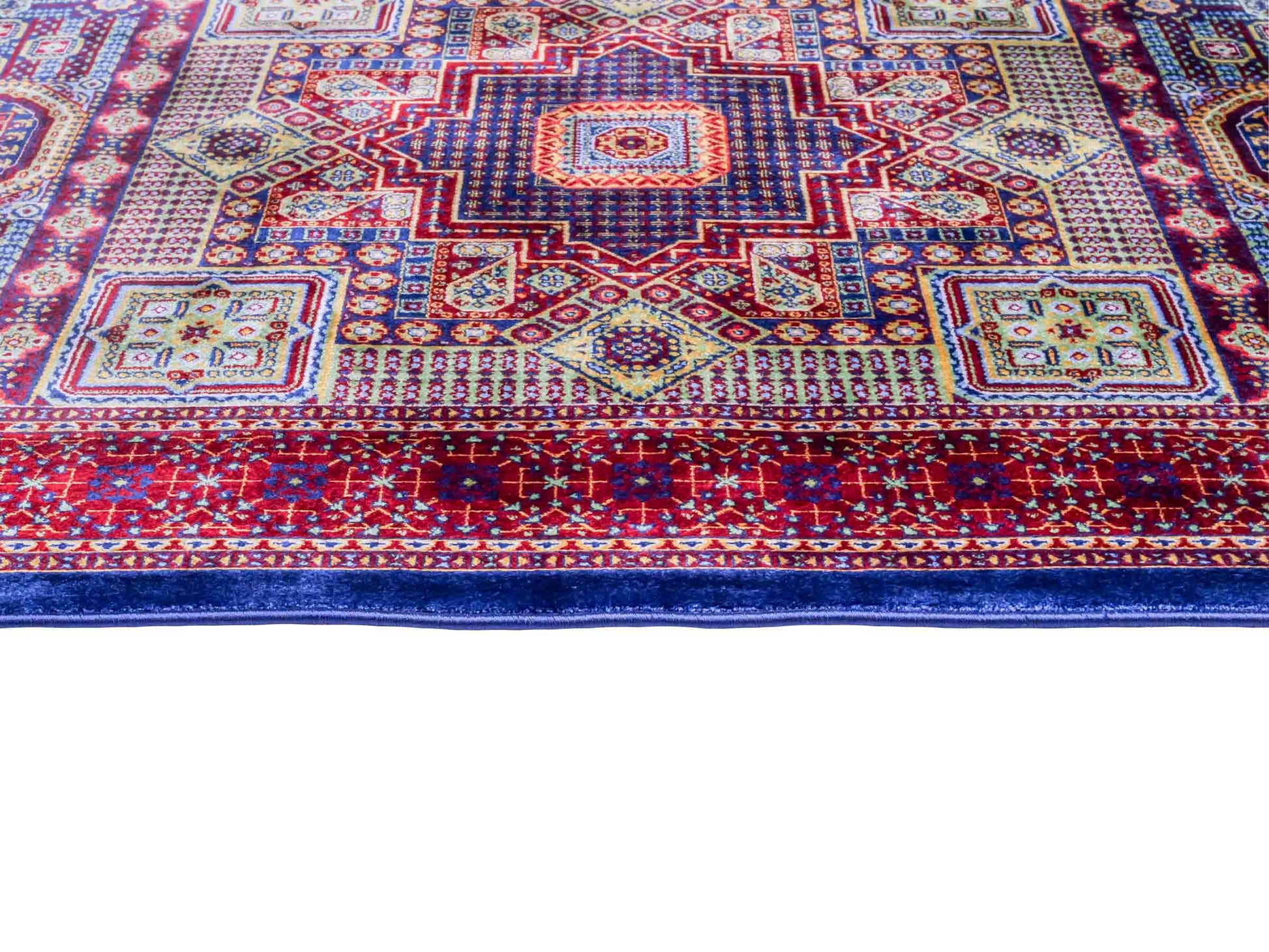 Ghom Maschinenteppich "Aru" 90 x 60 cm aus pflanzlicher Seide (Viskose) mit Medaillon, Navy. Teppichnummer: V9NY054M. Persian Luxury Collection by Khademi. Made in Iran / Persia – Vertrieb durch JUPITER Intl.
