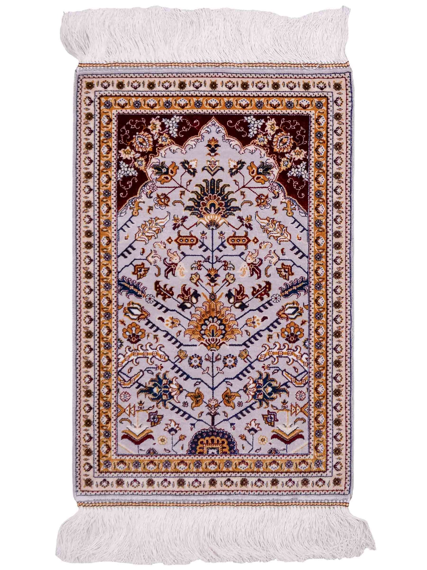 Ghom Maschinenteppich "Azar" 55 x 37 cm aus pflanzlicher Seide (Viskose) mit Allover-Design, Silber-Grau. Teppichnummer: V12SV020H. Persian Luxury Collection by Khademi. Made in Iran / Persia – Vertrieb durch JUPITER Intl.