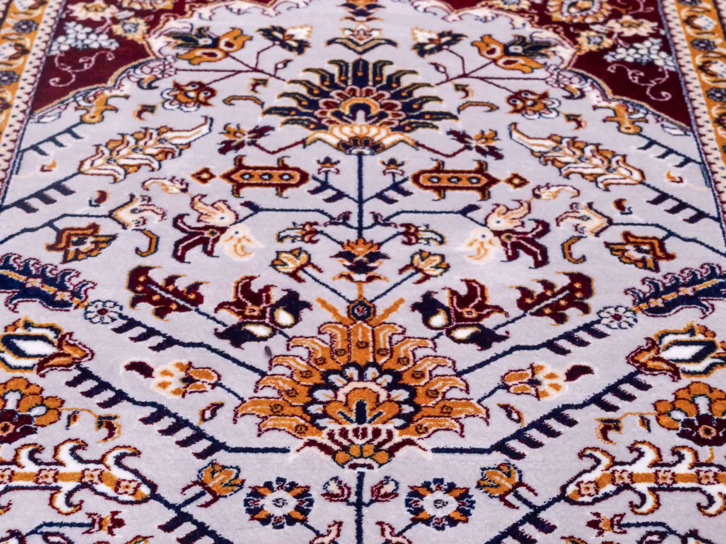 Ghom Maschinenteppich "Azar" 55 x 37 cm aus pflanzlicher Seide (Viskose) mit Allover-Design, Silber-Grau. Teppichnummer: V12SV020H. Persian Luxury Collection by Khademi. Made in Iran / Persia – Vertrieb durch JUPITER Intl.