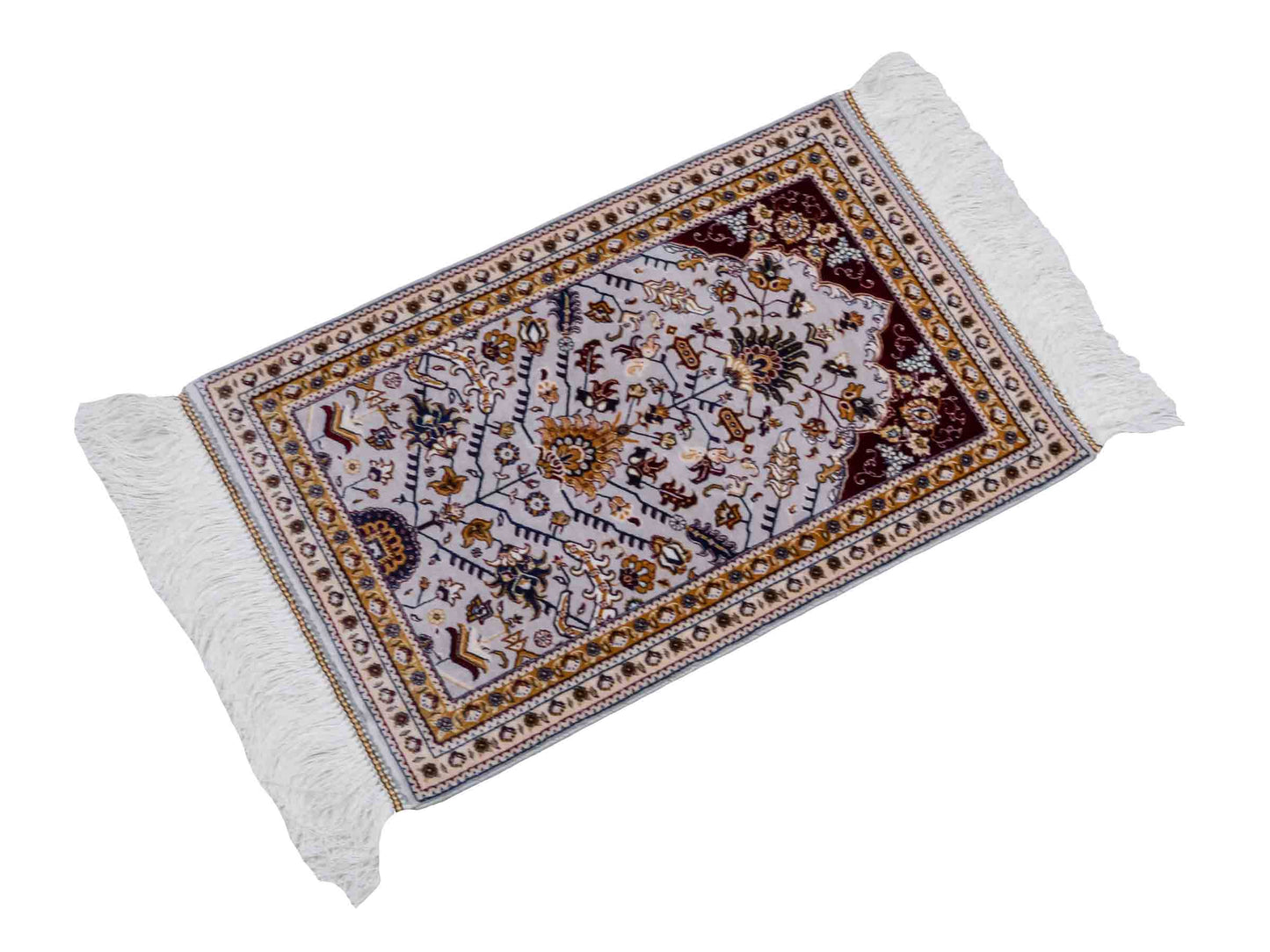 Ghom Maschinenteppich "Azar" 55 x 37 cm aus pflanzlicher Seide (Viskose) mit Allover-Design, Silber-Grau. Teppichnummer: V12SV020H. Persian Luxury Collection by Khademi. Made in Iran / Persia – Vertrieb durch JUPITER Intl.