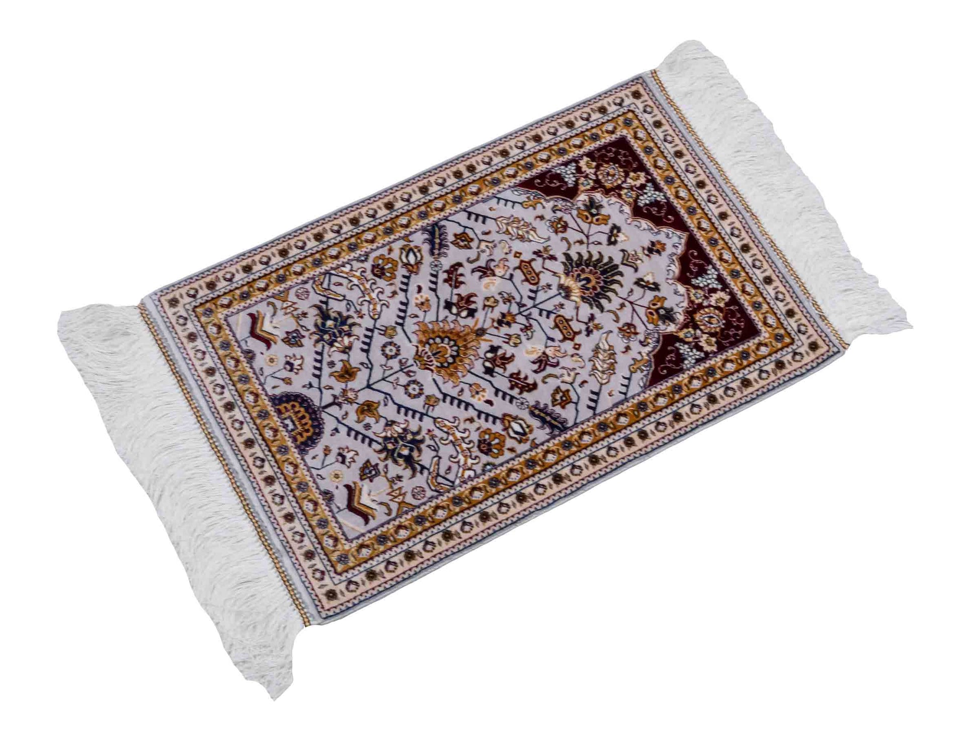 Ghom Maschinenteppich "Azar" 55 x 37 cm aus pflanzlicher Seide (Viskose) mit Allover-Design, Silber-Grau. Teppichnummer: V12SV020H. Persian Luxury Collection by Khademi. Made in Iran / Persia – Vertrieb durch JUPITER Intl.