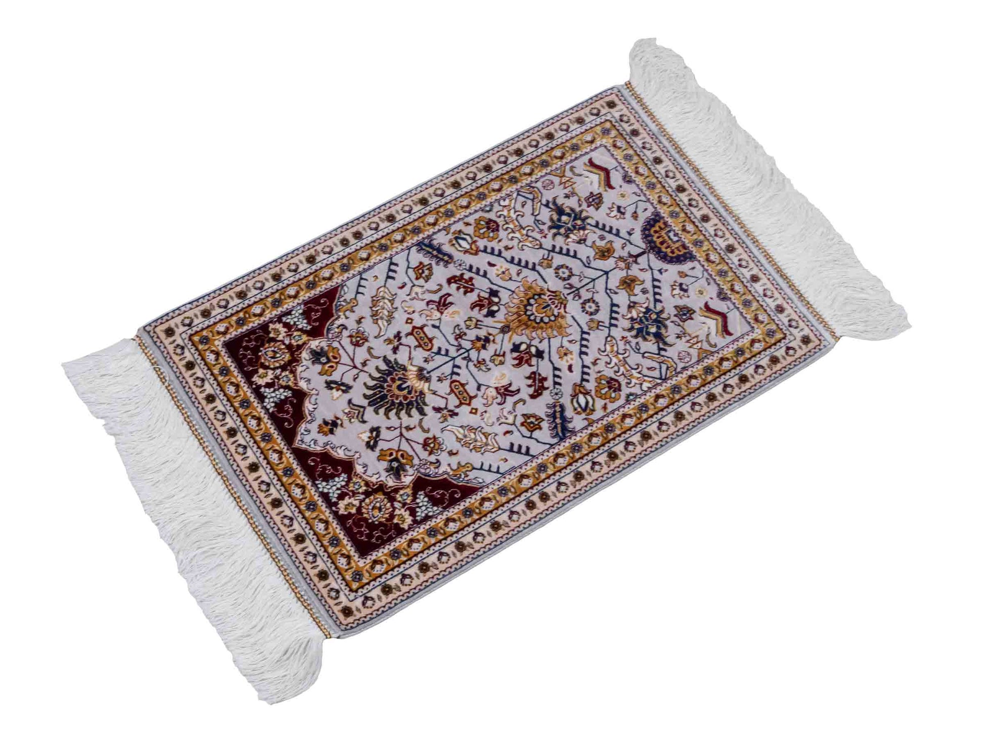 Ghom Maschinenteppich "Azar" 55 x 37 cm aus pflanzlicher Seide (Viskose) mit Allover-Design, Silber-Grau. Teppichnummer: V12SV020H. Persian Luxury Collection by Khademi. Made in Iran / Persia – Vertrieb durch JUPITER Intl.
