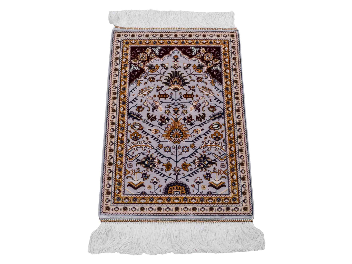 Ghom Maschinenteppich "Azar" 55 x 37 cm aus pflanzlicher Seide (Viskose) mit Allover-Design, Silber-Grau. Teppichnummer: V12SV020H. Persian Luxury Collection by Khademi. Made in Iran / Persia – Vertrieb durch JUPITER Intl.