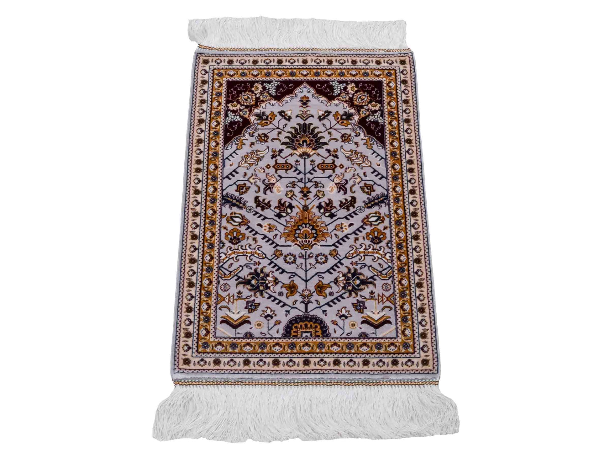 Ghom Maschinenteppich "Azar" 55 x 37 cm aus pflanzlicher Seide (Viskose) mit Allover-Design, Silber-Grau. Teppichnummer: V12SV020H. Persian Luxury Collection by Khademi. Made in Iran / Persia – Vertrieb durch JUPITER Intl.