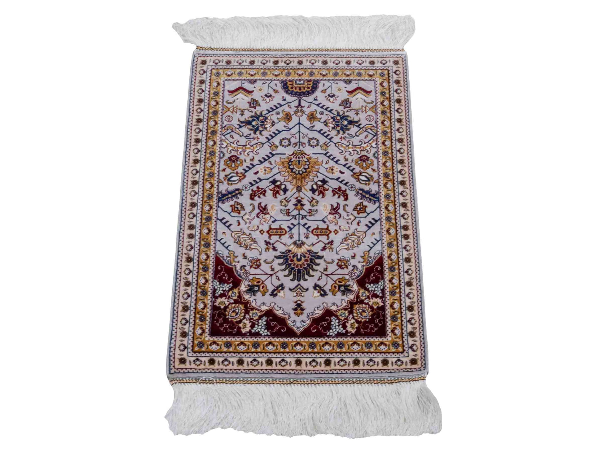 Ghom Maschinenteppich "Azar" 55 x 37 cm aus pflanzlicher Seide (Viskose) mit Allover-Design, Silber-Grau. Teppichnummer: V12SV020H. Persian Luxury Collection by Khademi. Made in Iran / Persia – Vertrieb durch JUPITER Intl.