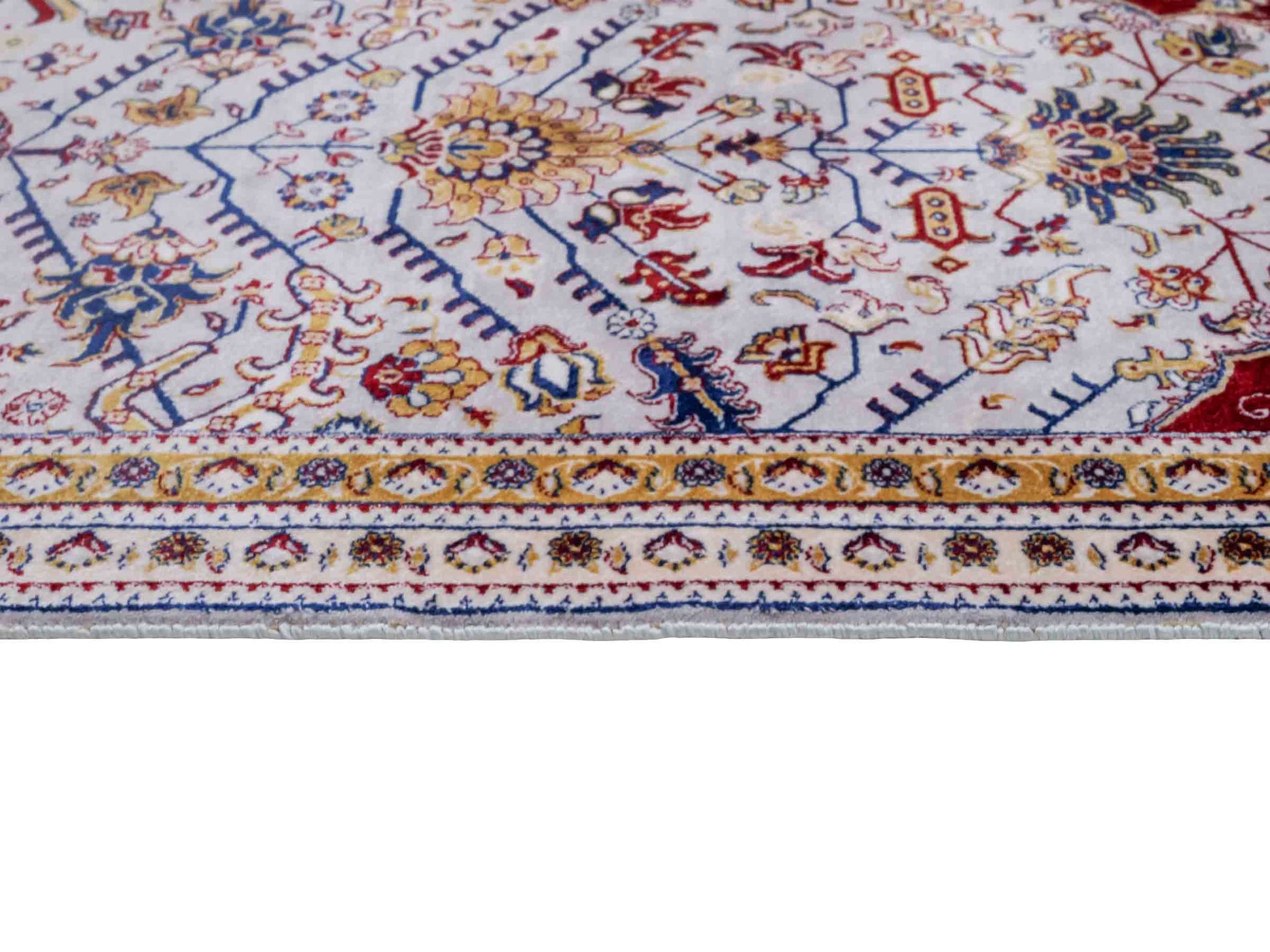 Ghom Maschinenteppich "Azar" 55 x 37 cm aus pflanzlicher Seide (Viskose) mit Allover-Design, Silber-Grau. Teppichnummer: V12SV020H. Persian Luxury Collection by Khademi. Made in Iran / Persia – Vertrieb durch JUPITER Intl.