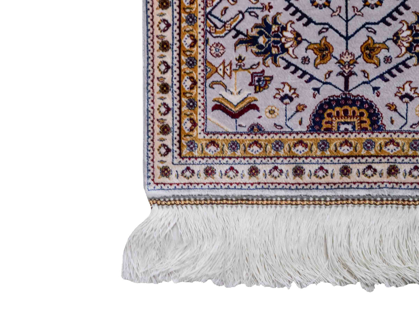 Ghom Maschinenteppich "Azar" 55 x 37 cm aus pflanzlicher Seide (Viskose) mit Allover-Design, Silber-Grau. Teppichnummer: V12SV020H. Persian Luxury Collection by Khademi. Made in Iran / Persia – Vertrieb durch JUPITER Intl.