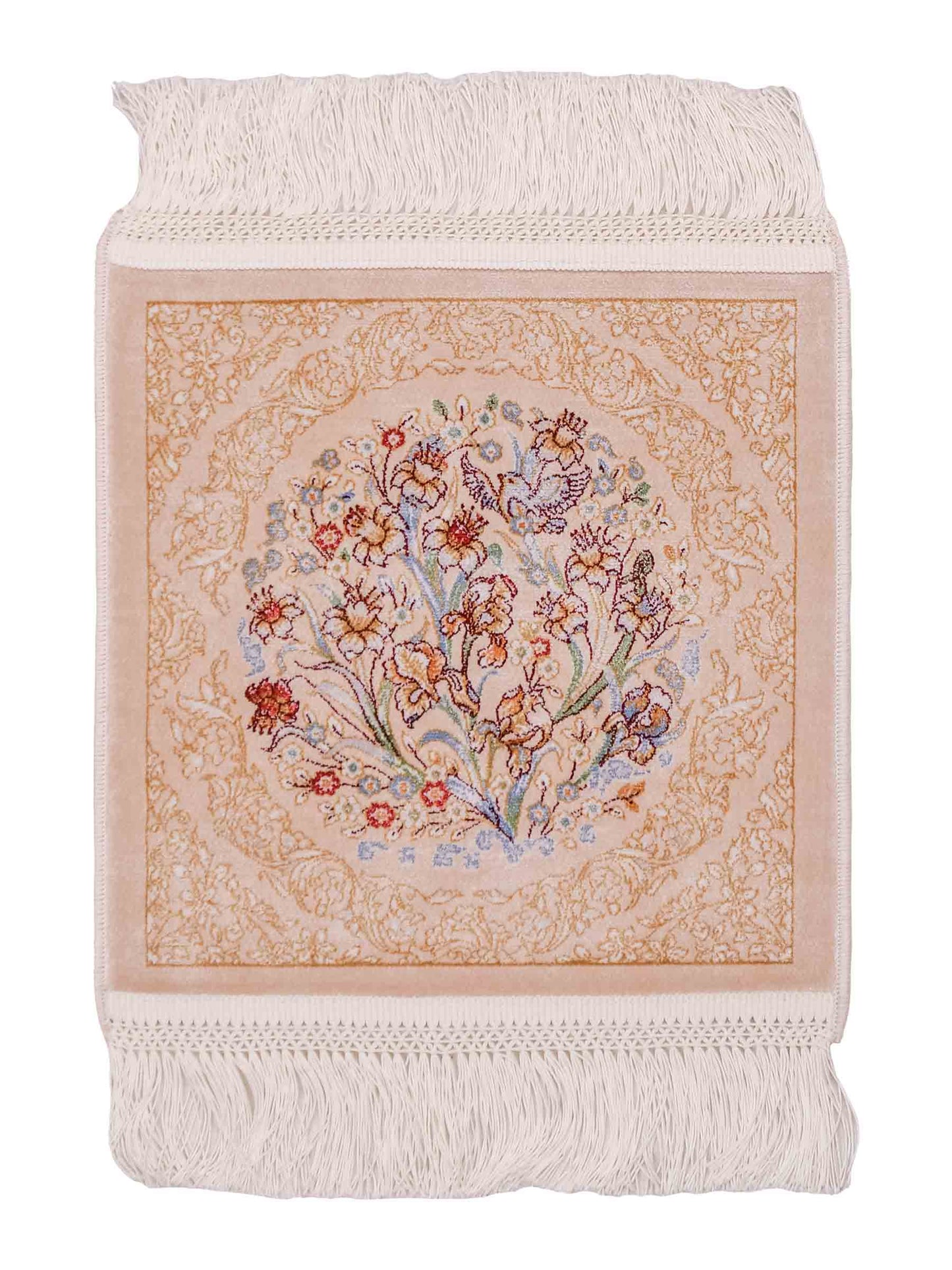 Ghom Maschinenteppich "Bahram" 35 x 35 cm aus pflanzlicher Seide (Viskose) mit floralem Bildmotiv, Beige. Teppichnummer: V14BG012M. Persian Luxury Collection by Khademi. Made in Iran / Persia – Vertrieb durch JUPITER Intl.