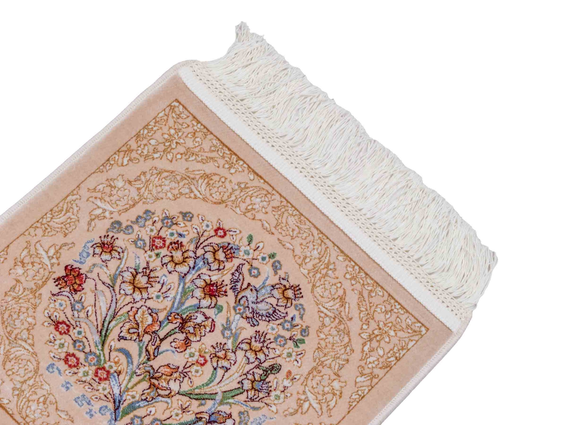Ghom Maschinenteppich "Bahram" 35 x 35 cm aus pflanzlicher Seide (Viskose) mit floralem Bildmotiv, Beige. Teppichnummer: V14BG012M. Persian Luxury Collection by Khademi. Made in Iran / Persia – Vertrieb durch JUPITER Intl.