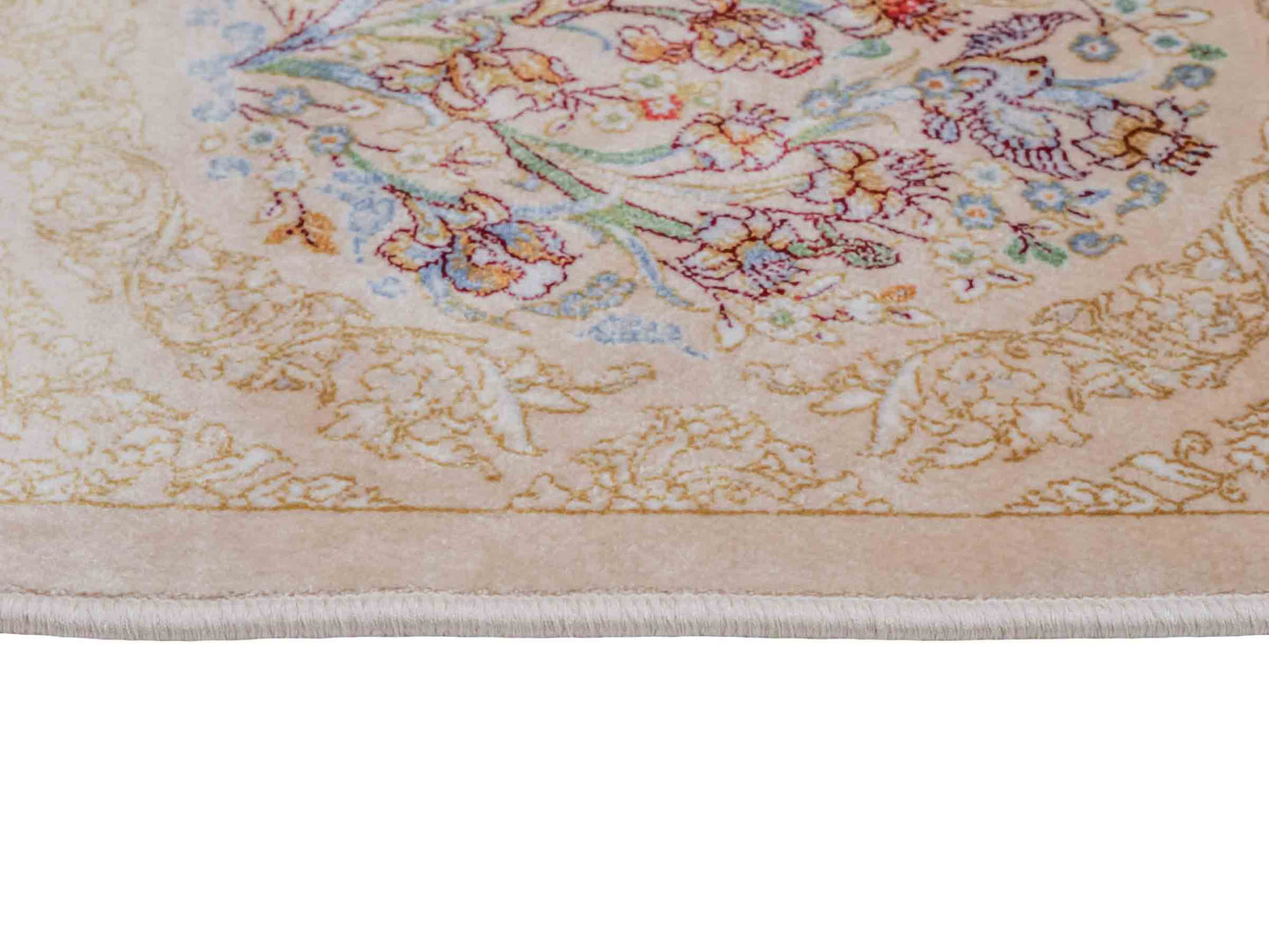 Ghom Maschinenteppich "Bahram" 35 x 35 cm aus pflanzlicher Seide (Viskose) mit floralem Bildmotiv, Beige. Teppichnummer: V14BG012M. Persian Luxury Collection by Khademi. Made in Iran / Persia – Vertrieb durch JUPITER Intl.