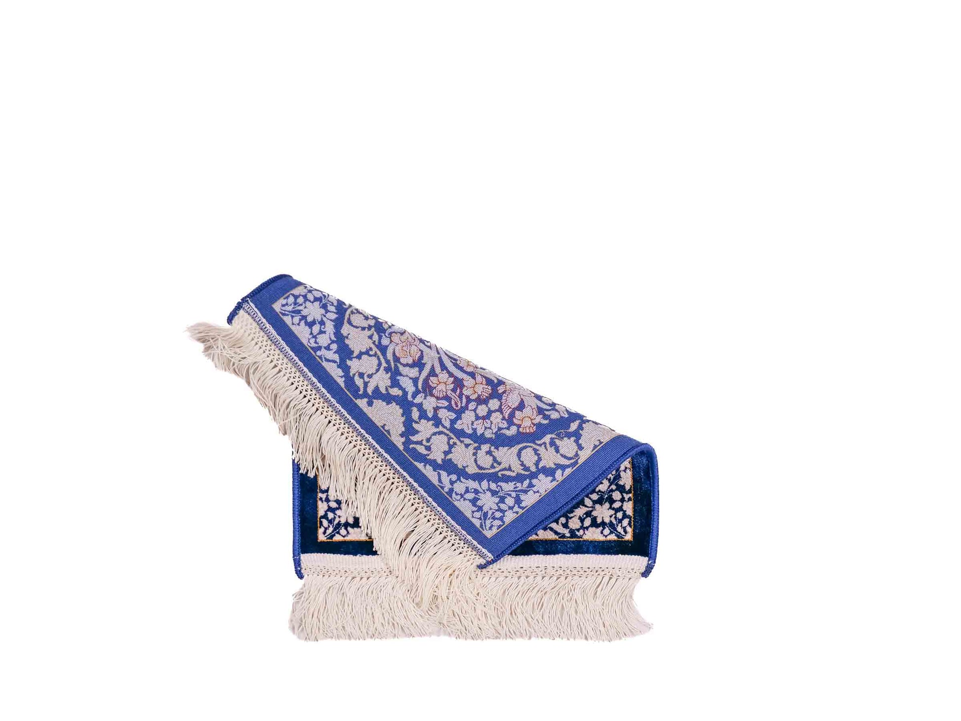 Ghom Maschinenteppich "Bahram" 35 x 35 cm aus pflanzlicher Seide (Viskose) mit floralem Bildmotiv, Marineblau. Teppichnummer: V14NY012M. Persian Luxury Collection by Khademi. Made in Iran / Persia – Vertrieb durch JUPITER Intl.